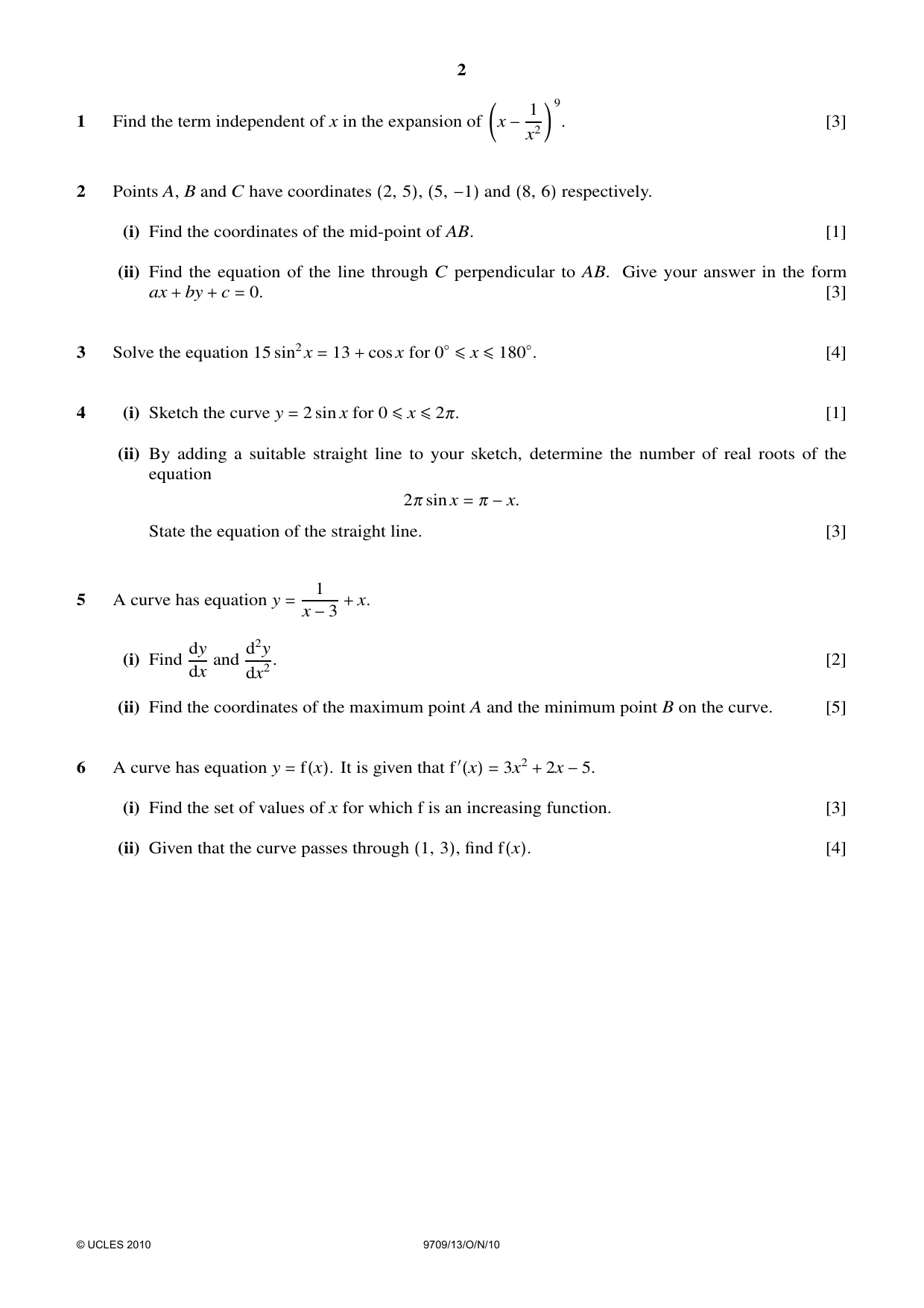 Cambridge A Level Mathematics 9709 2010 Oct/Nov Paper 1 · Variant 3 question paper, page 2 of 8