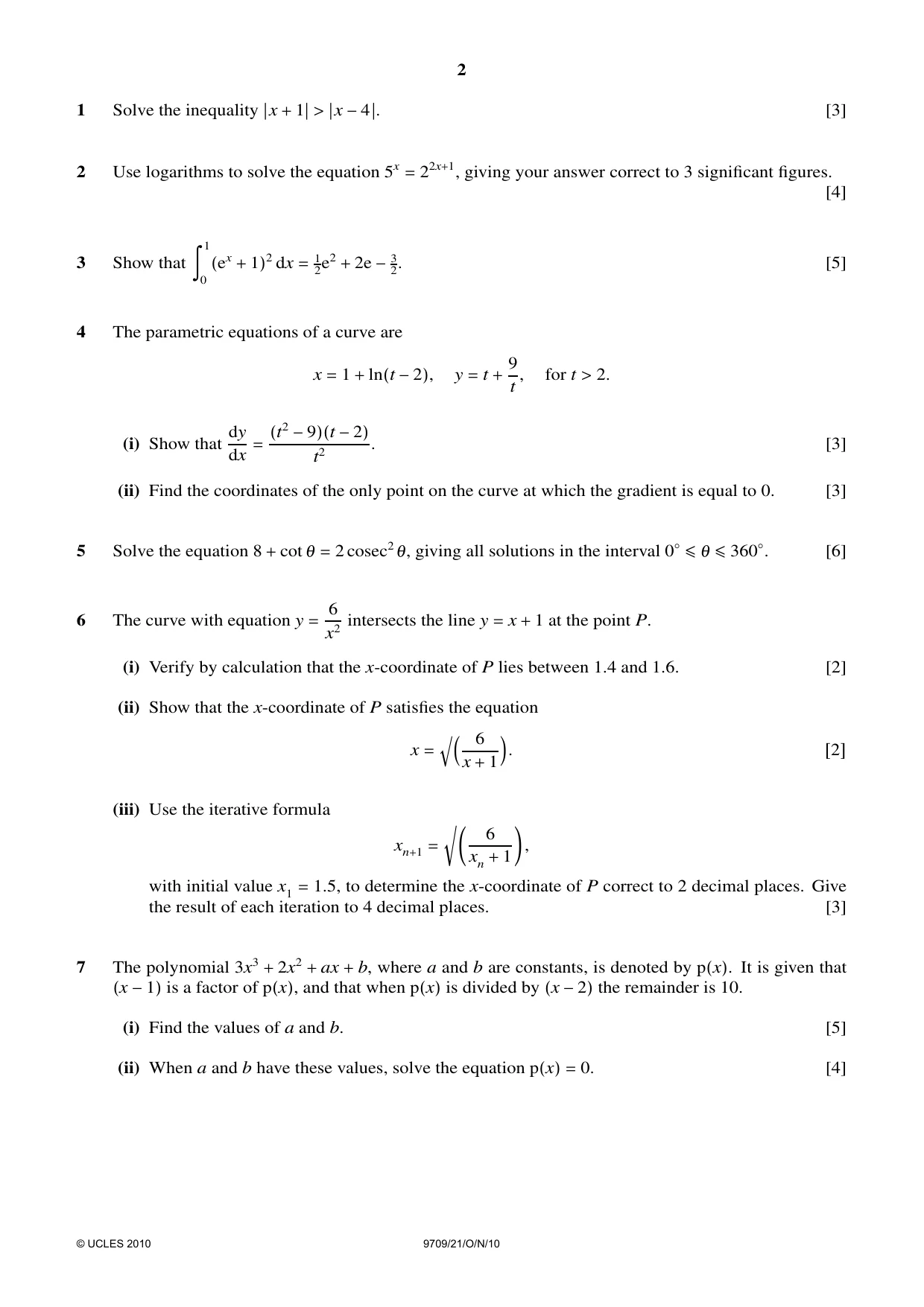 Cambridge A Level Mathematics 9709 2010 Oct/Nov Paper 2 · Variant 1 question paper, page 2 of 4