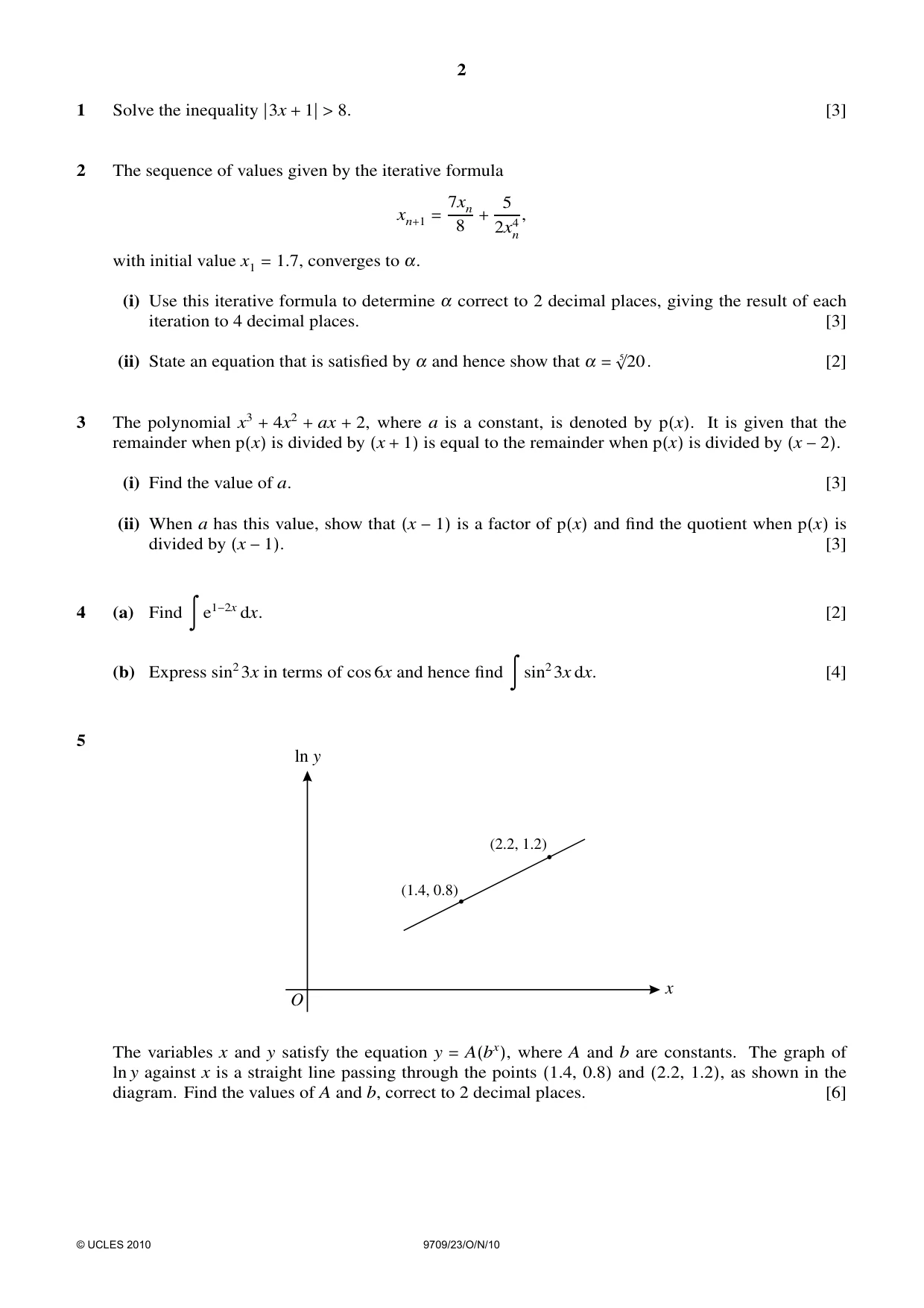 Cambridge A Level Mathematics 9709 2010 Oct/Nov Paper 2 · Variant 3 question paper, page 2 of 4
