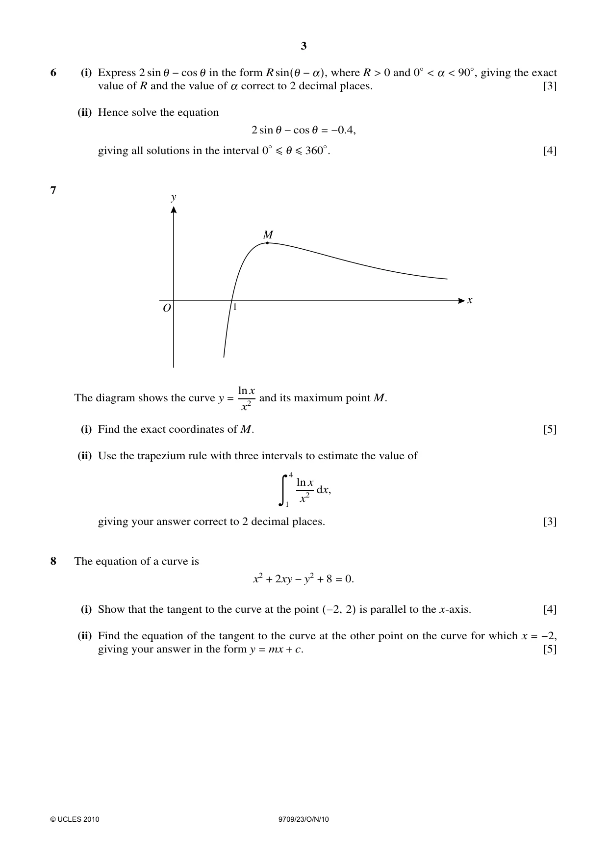 Cambridge A Level Mathematics 9709 2010 Oct/Nov Paper 2 · Variant 3 question paper, page 3 of 4