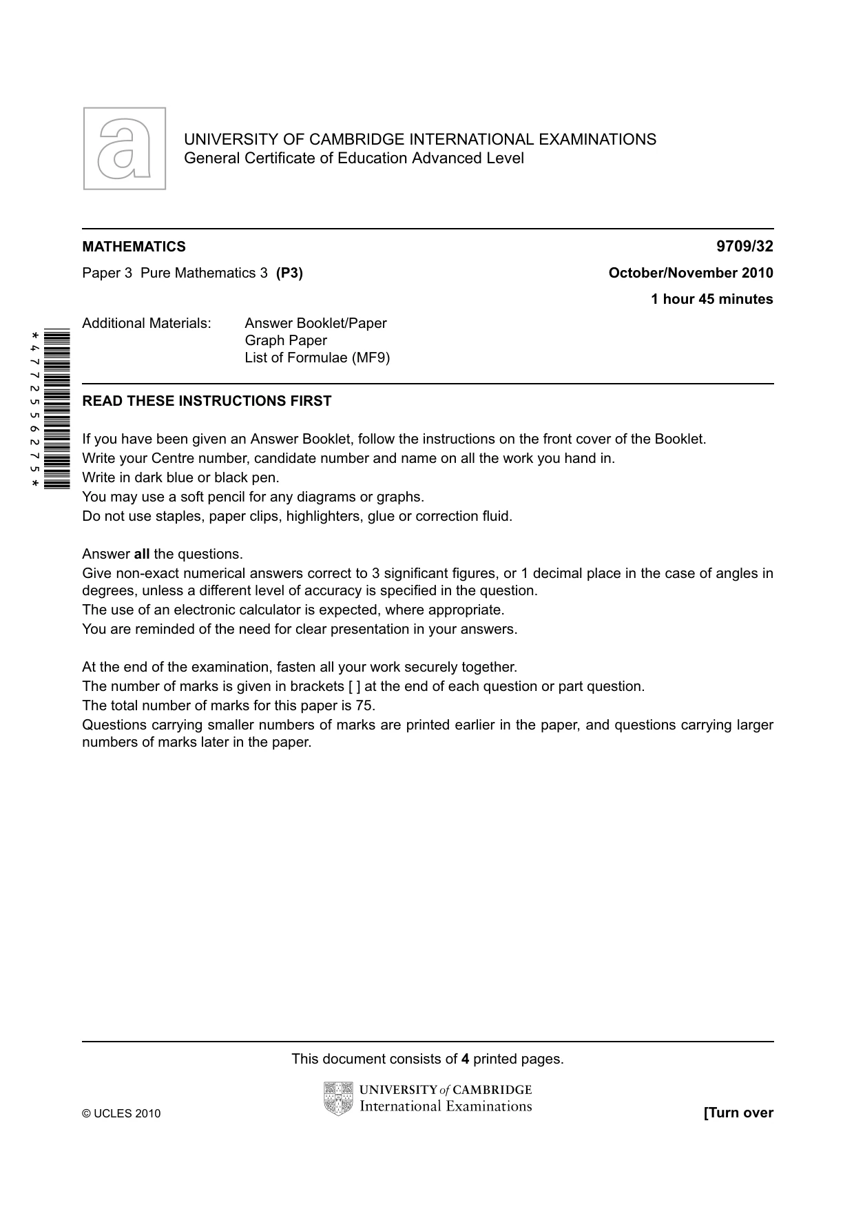Cambridge A Level Mathematics 9709 2010 Oct/Nov Paper 3 · Variant 2 question paper, page 1 of 4