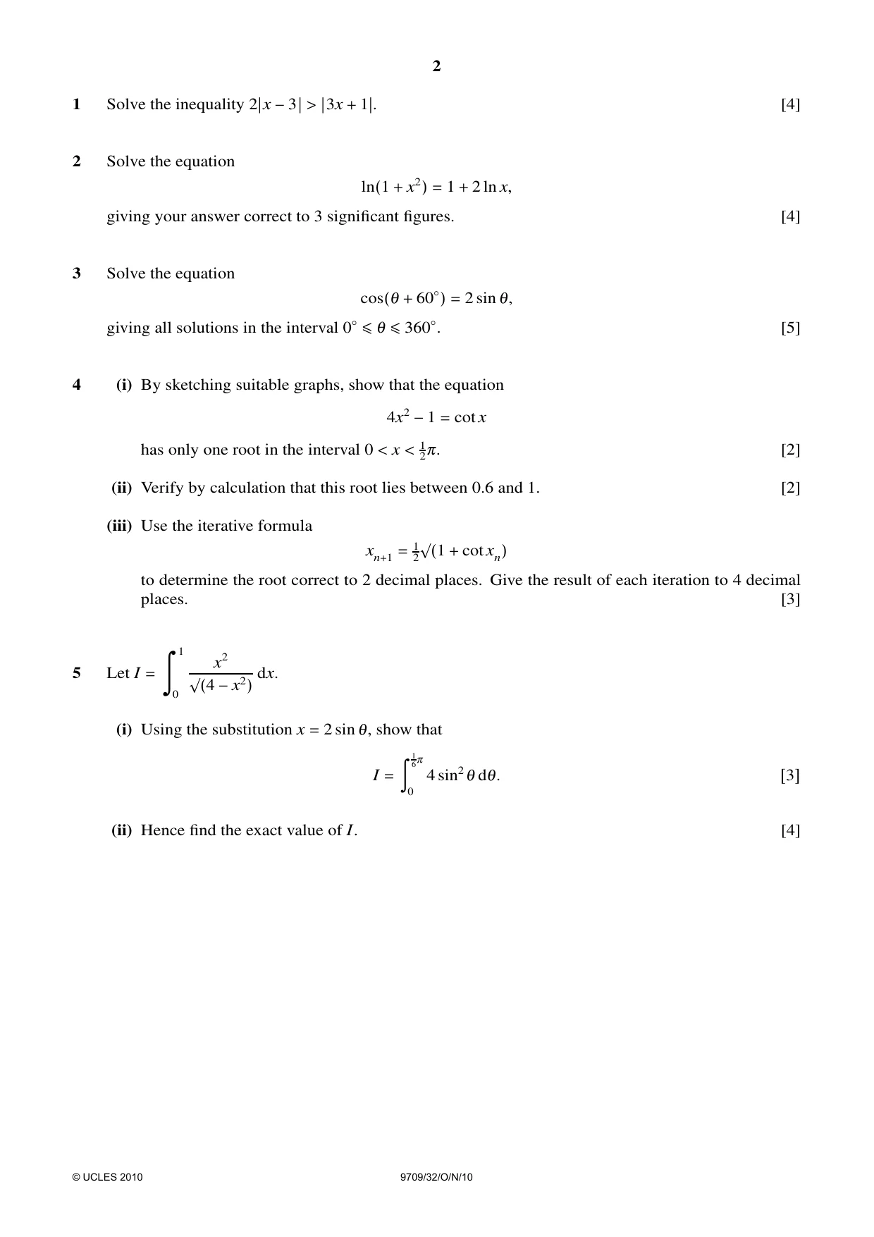 Cambridge A Level Mathematics 9709 2010 Oct/Nov Paper 3 · Variant 2 question paper, page 2 of 4
