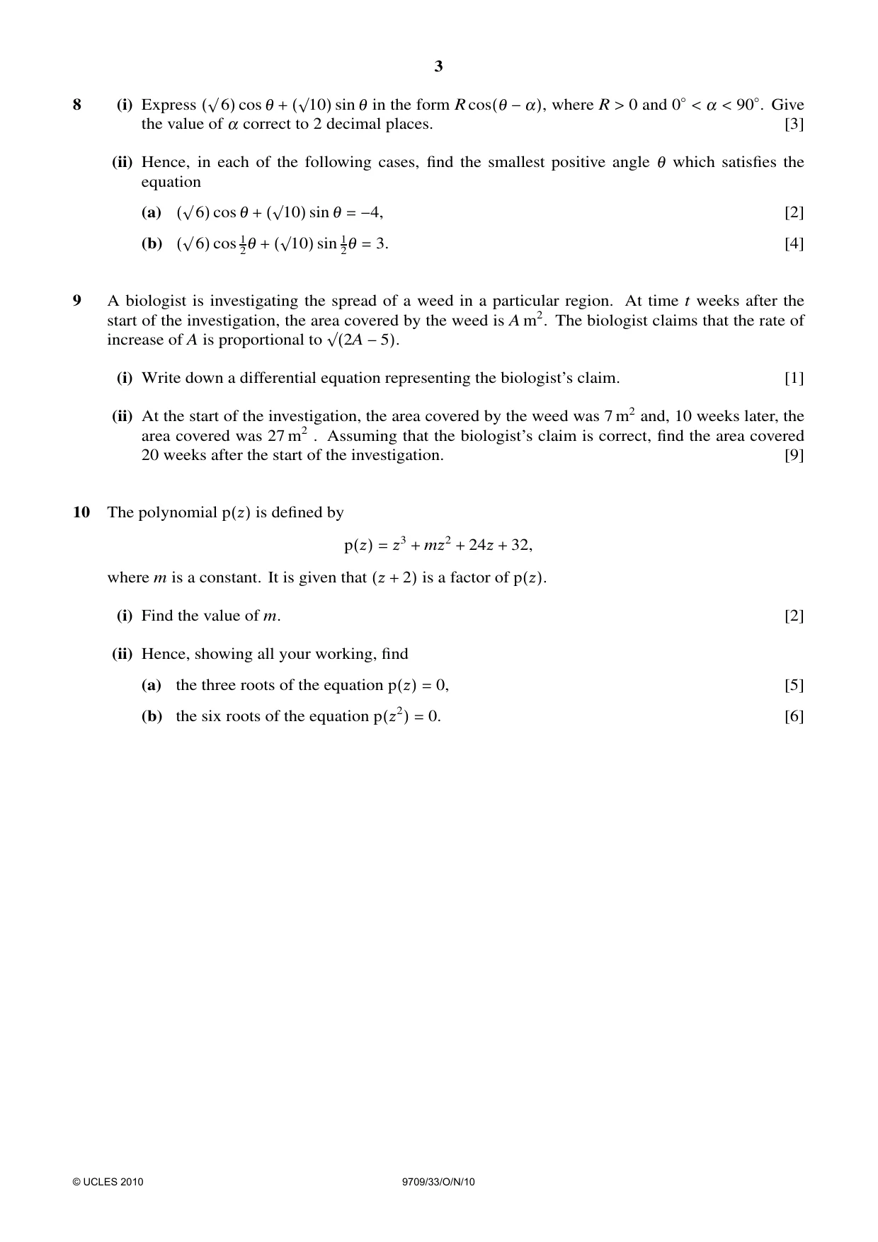 Cambridge A Level Mathematics 9709 2010 Oct/Nov Paper 3 · Variant 3 question paper, page 3 of 4