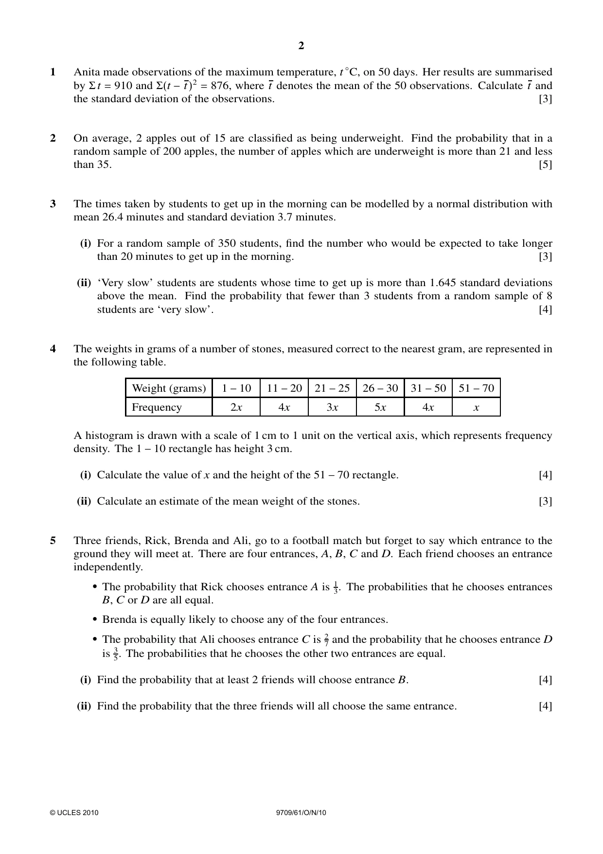 Cambridge A Level Mathematics 9709 2010 Oct/Nov Paper 6 · Variant 1 question paper, page 2 of 4