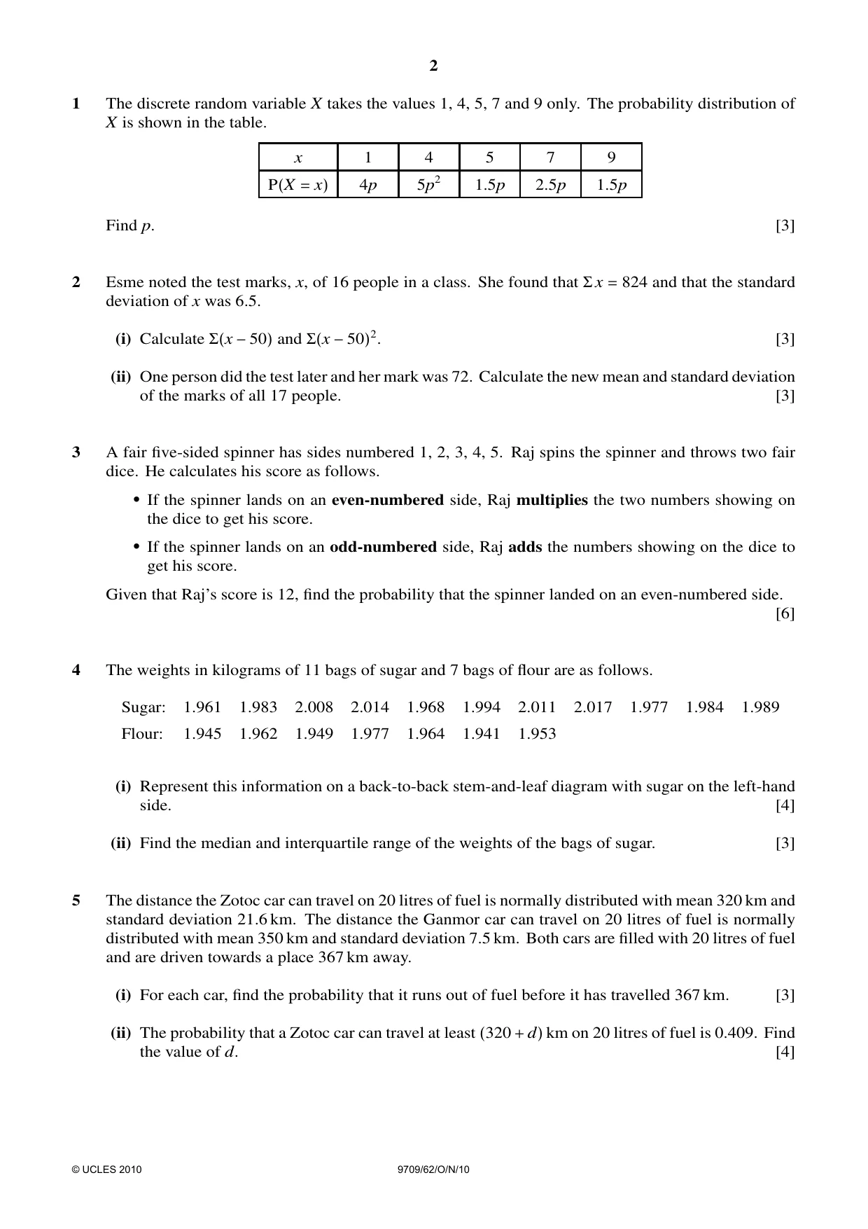 Cambridge A Level Mathematics 9709 2010 Oct/Nov Paper 6 · Variant 2 question paper, page 2 of 4