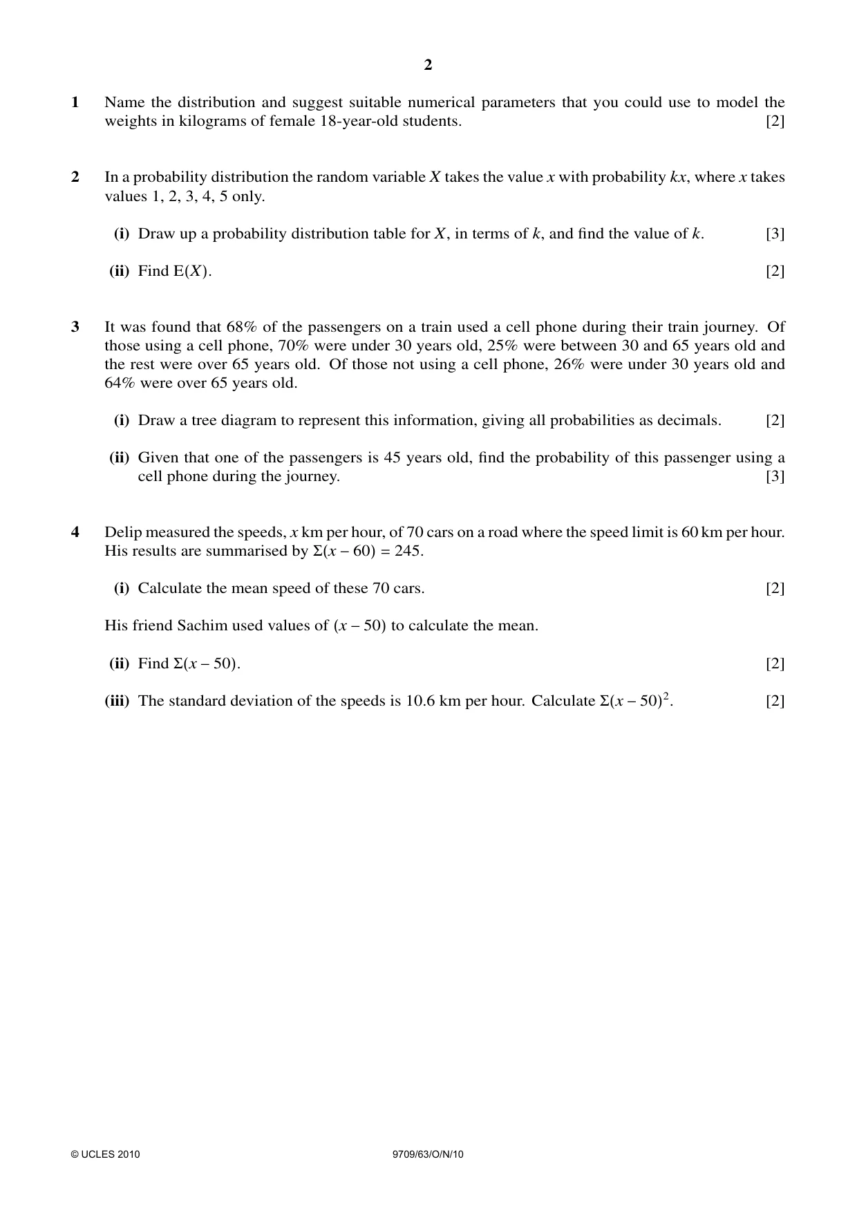 Cambridge A Level Mathematics 9709 2010 Oct/Nov Paper 6 · Variant 3 question paper, page 2 of 4
