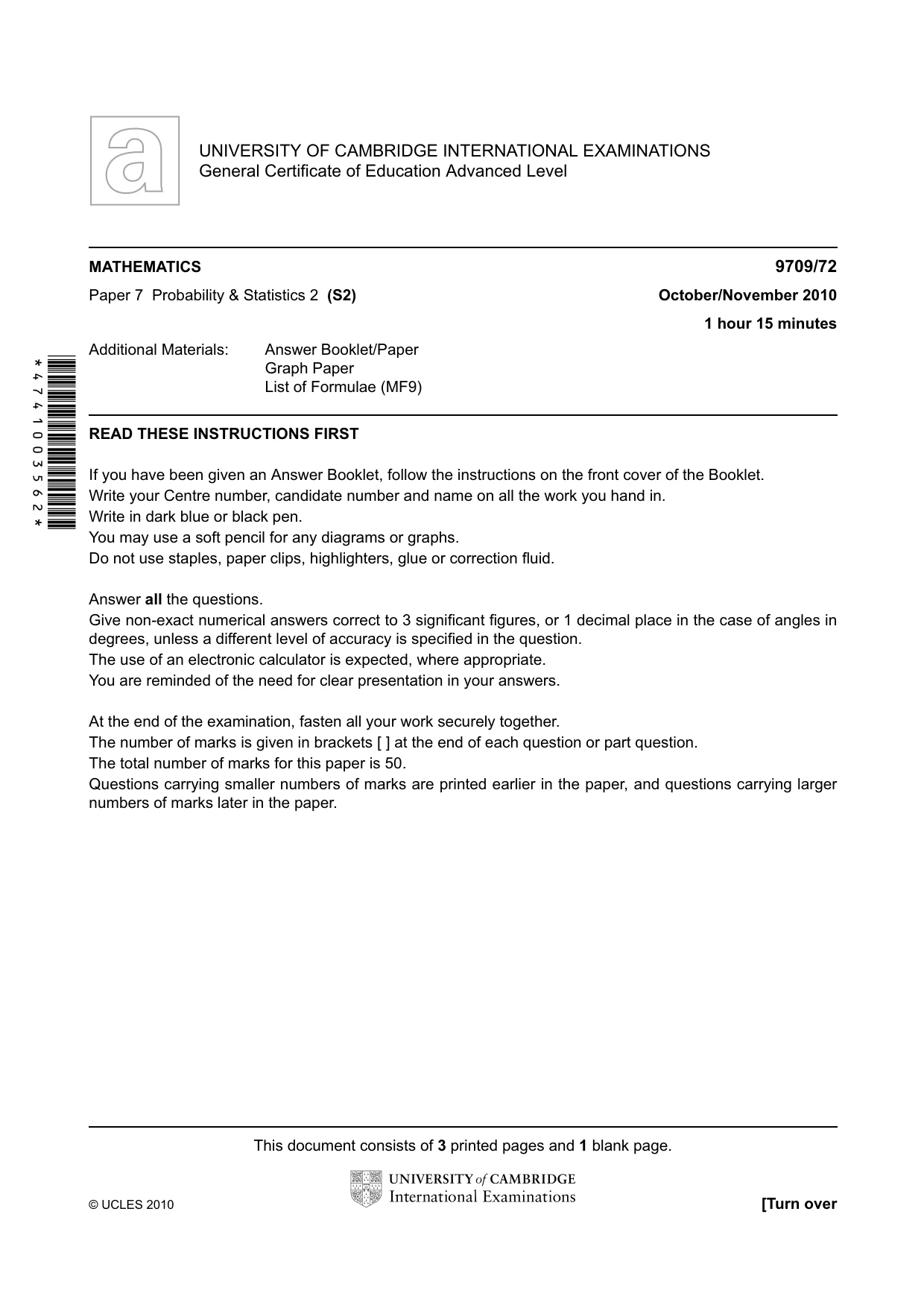 Cambridge A Level Mathematics 9709 2010 Oct/Nov Paper 7 · Variant 2 question paper, page 1 of 4