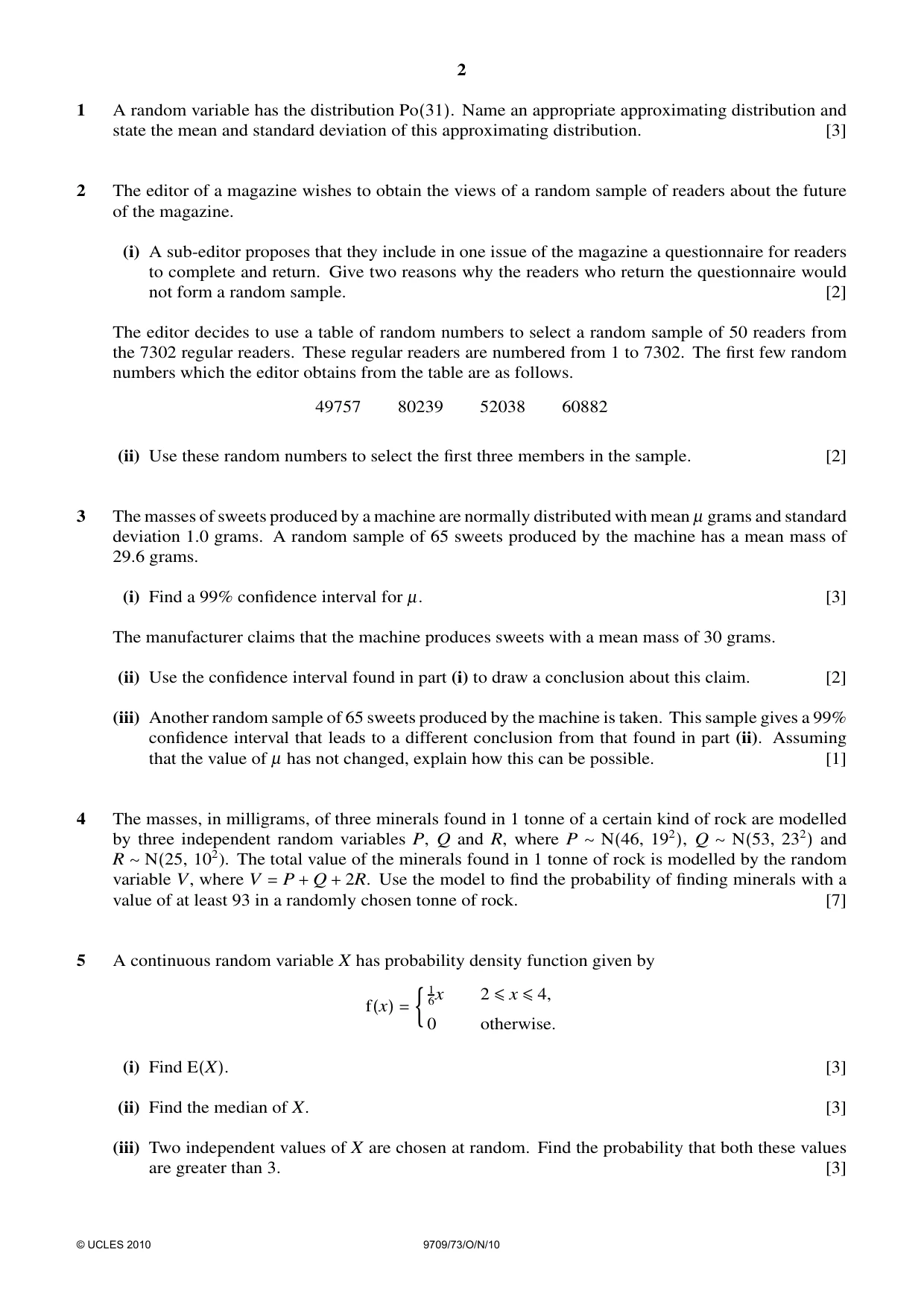 Cambridge A Level Mathematics 9709 2010 Oct/Nov Paper 7 · Variant 3 question paper, page 2 of 4
