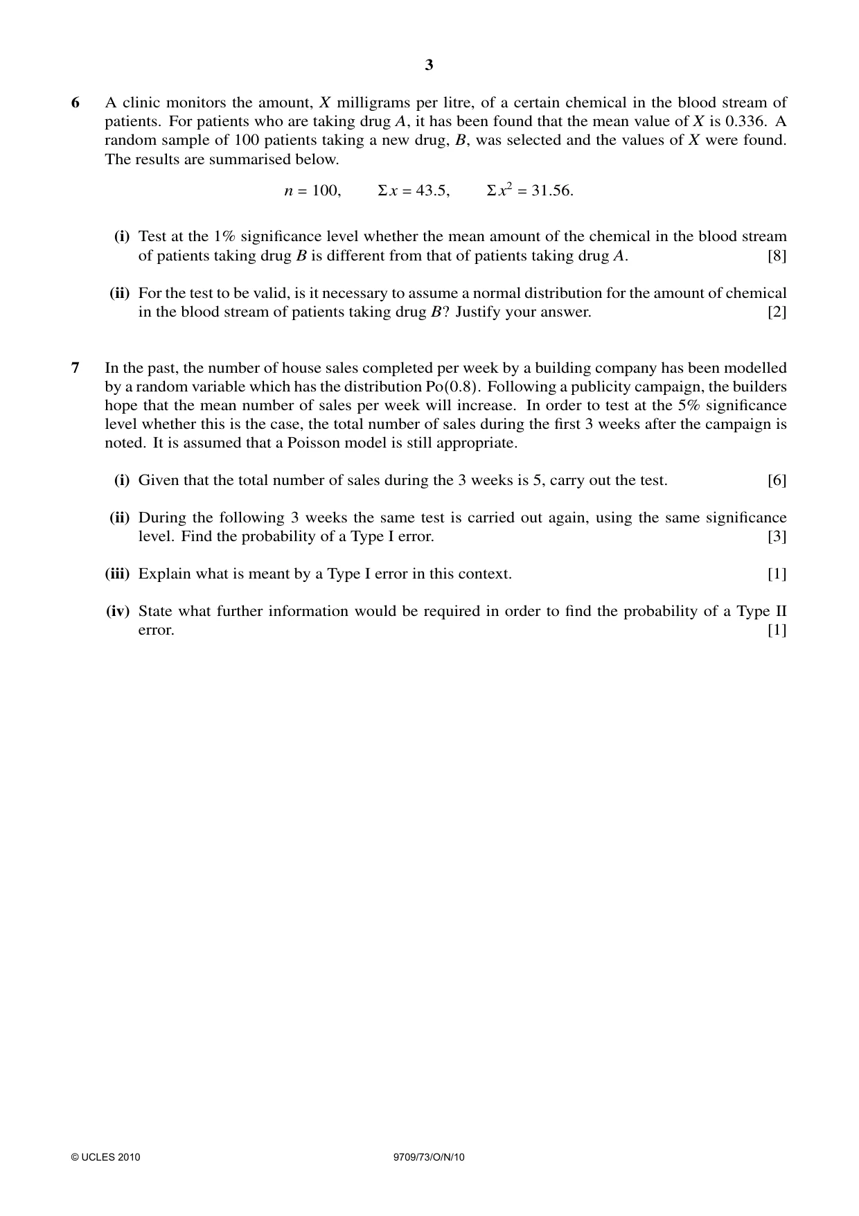 Cambridge A Level Mathematics 9709 2010 Oct/Nov Paper 7 · Variant 3 question paper, page 3 of 4