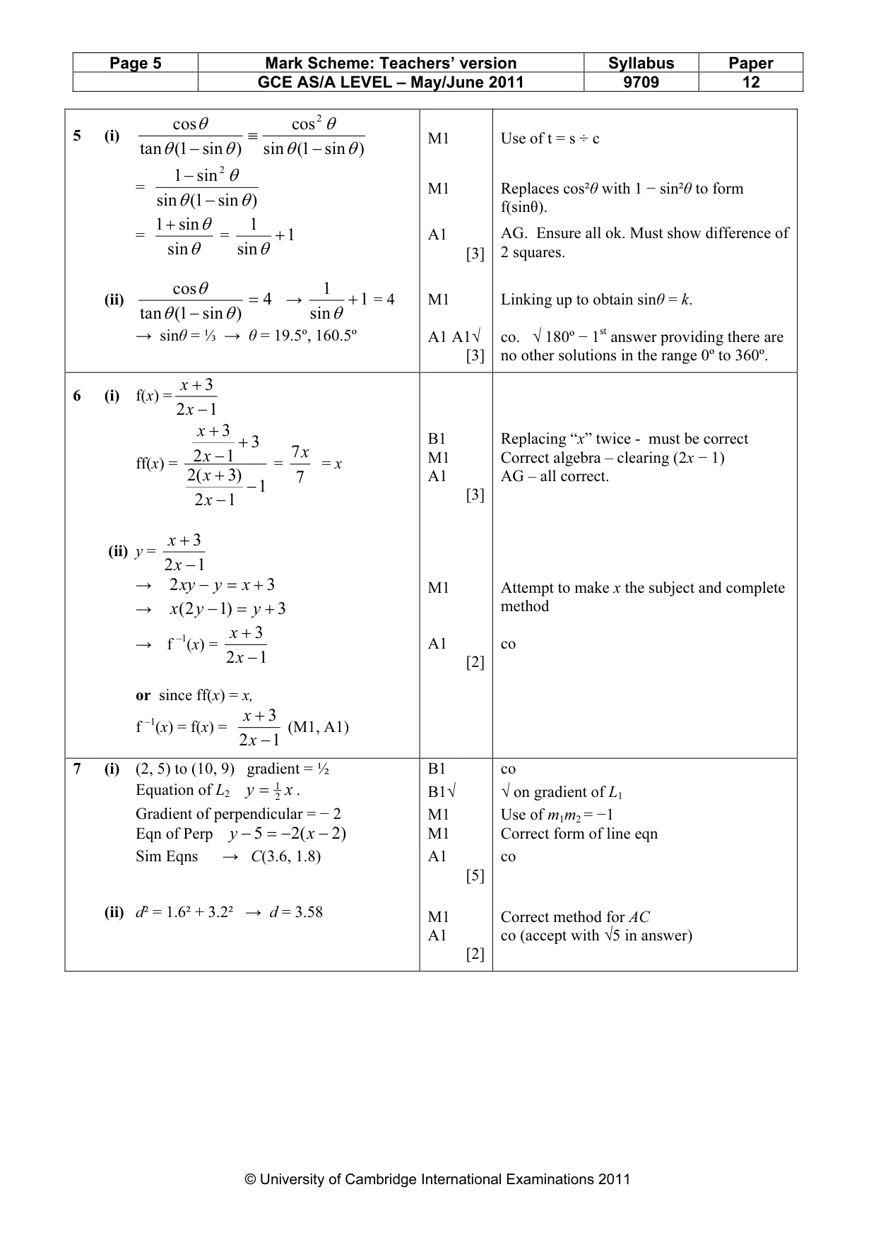 Mark scheme, page 5 of 7