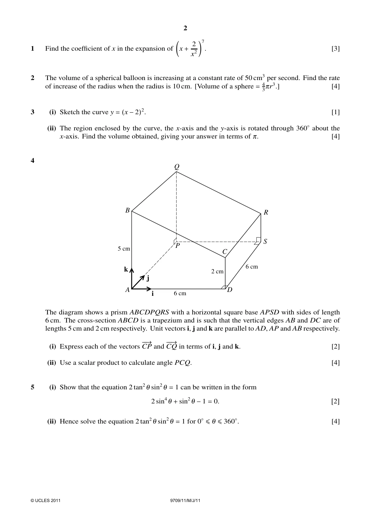 Cambridge A Level Mathematics 9709 2011 May/June Paper 1 · Variant 1 question paper, page 2 of 4