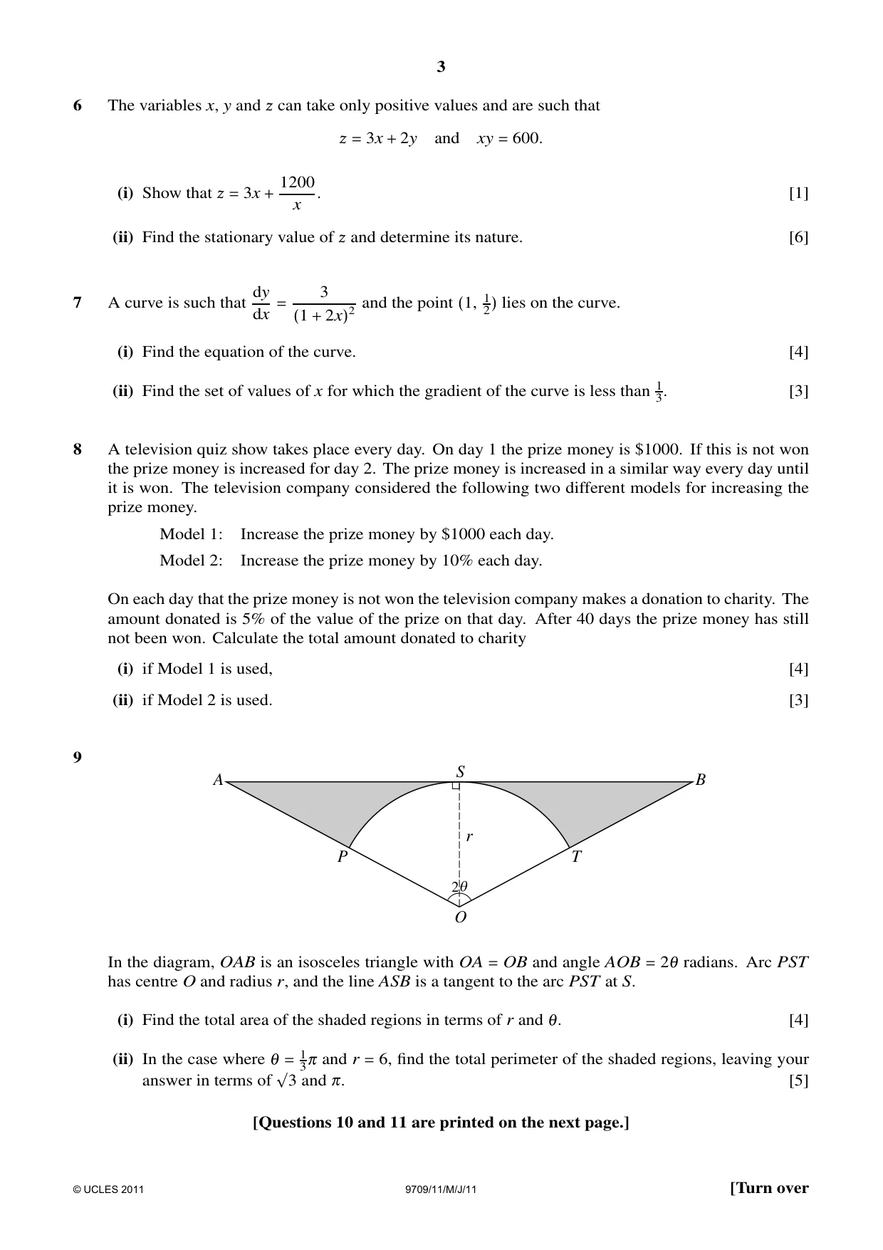 Cambridge A Level Mathematics 9709 2011 May/June Paper 1 · Variant 1 question paper, page 3 of 4