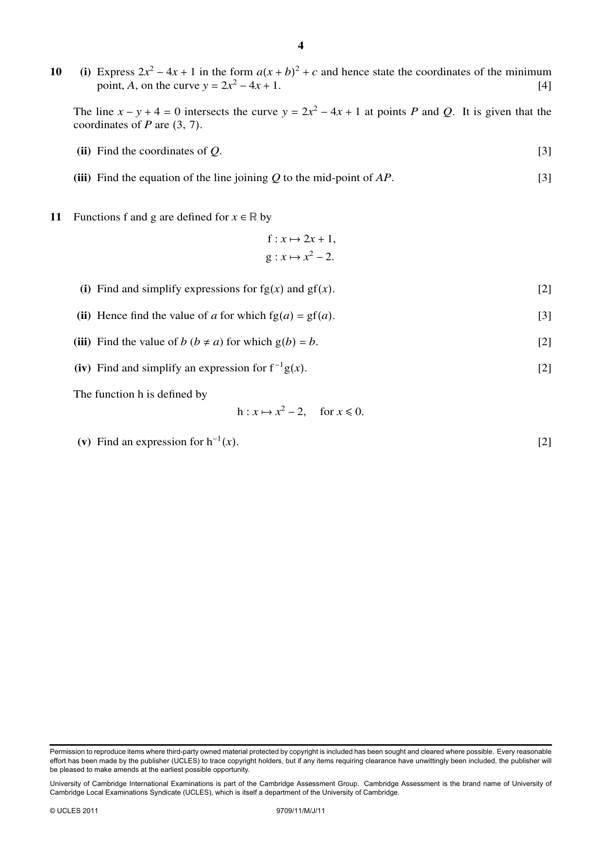 Cambridge A Level Mathematics 9709 2011 May/June Paper 1 · Variant 1 question paper, page 4 of 4
