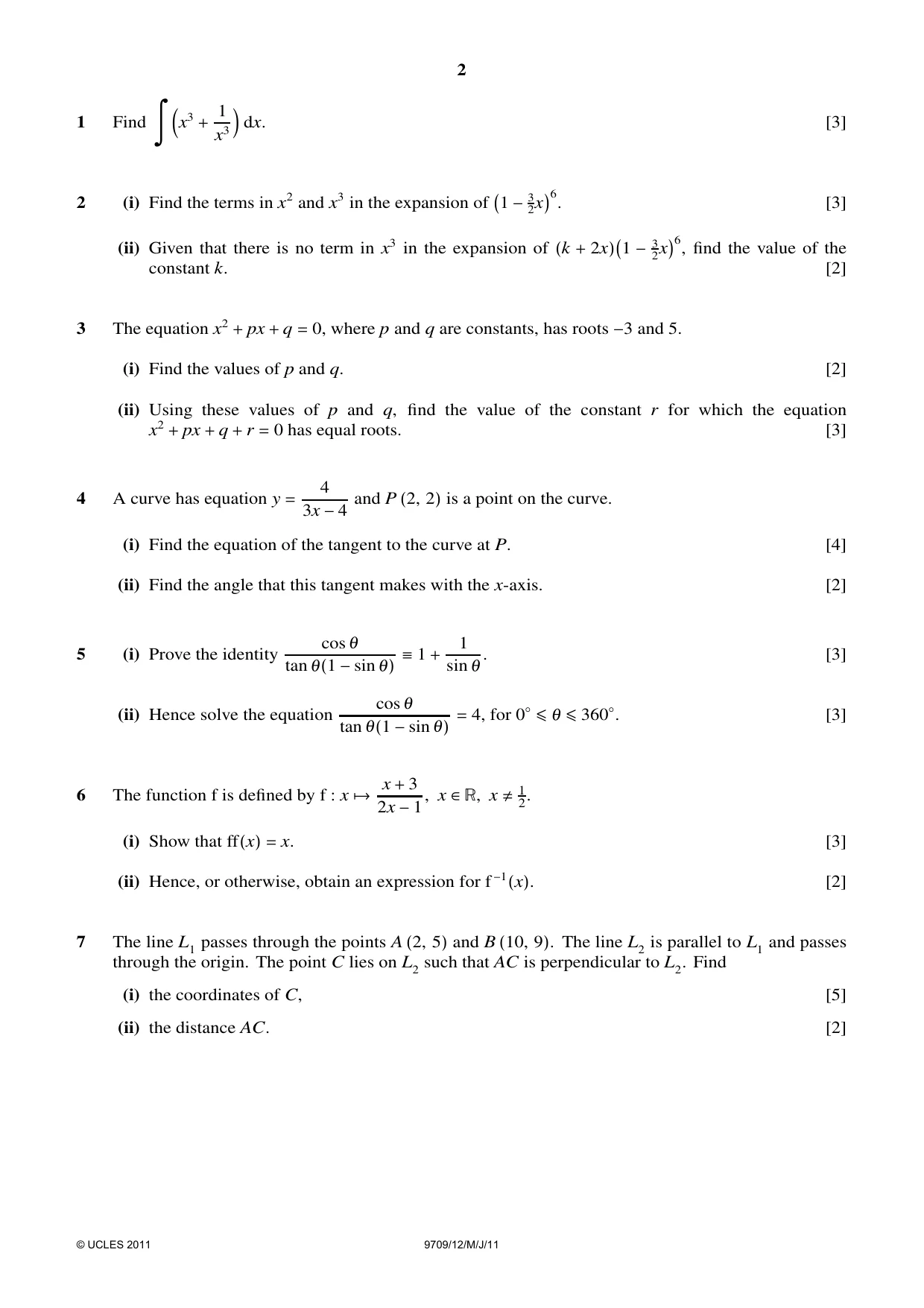 Cambridge A Level Mathematics 9709 2011 May/June Paper 1 · Variant 2 question paper, page 2 of 4