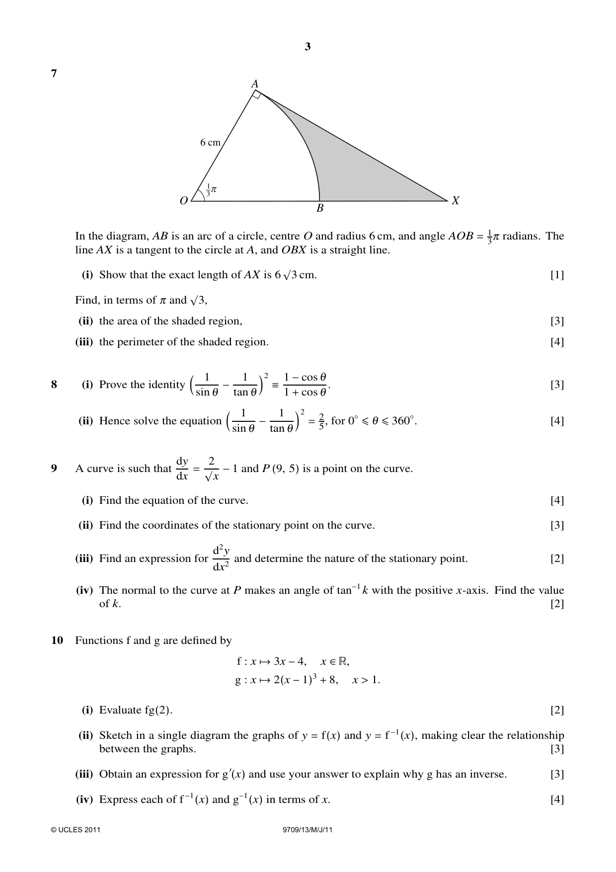 Cambridge A Level Mathematics 9709 2011 May/June Paper 1 · Variant 3 question paper, page 3 of 4