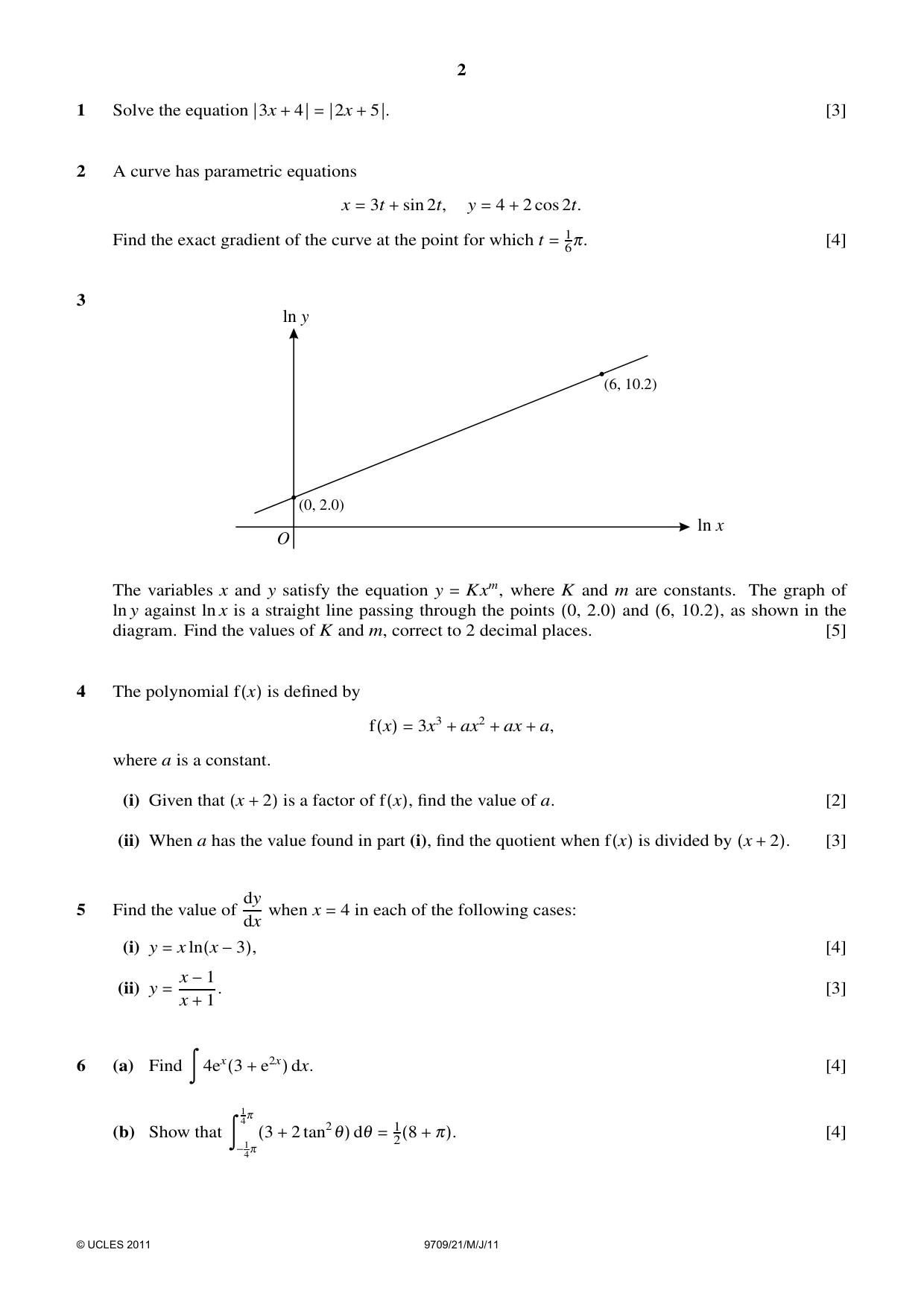 Cambridge A Level Mathematics 9709 2011 May/June Paper 2 · Variant 1 question paper, page 2 of 4