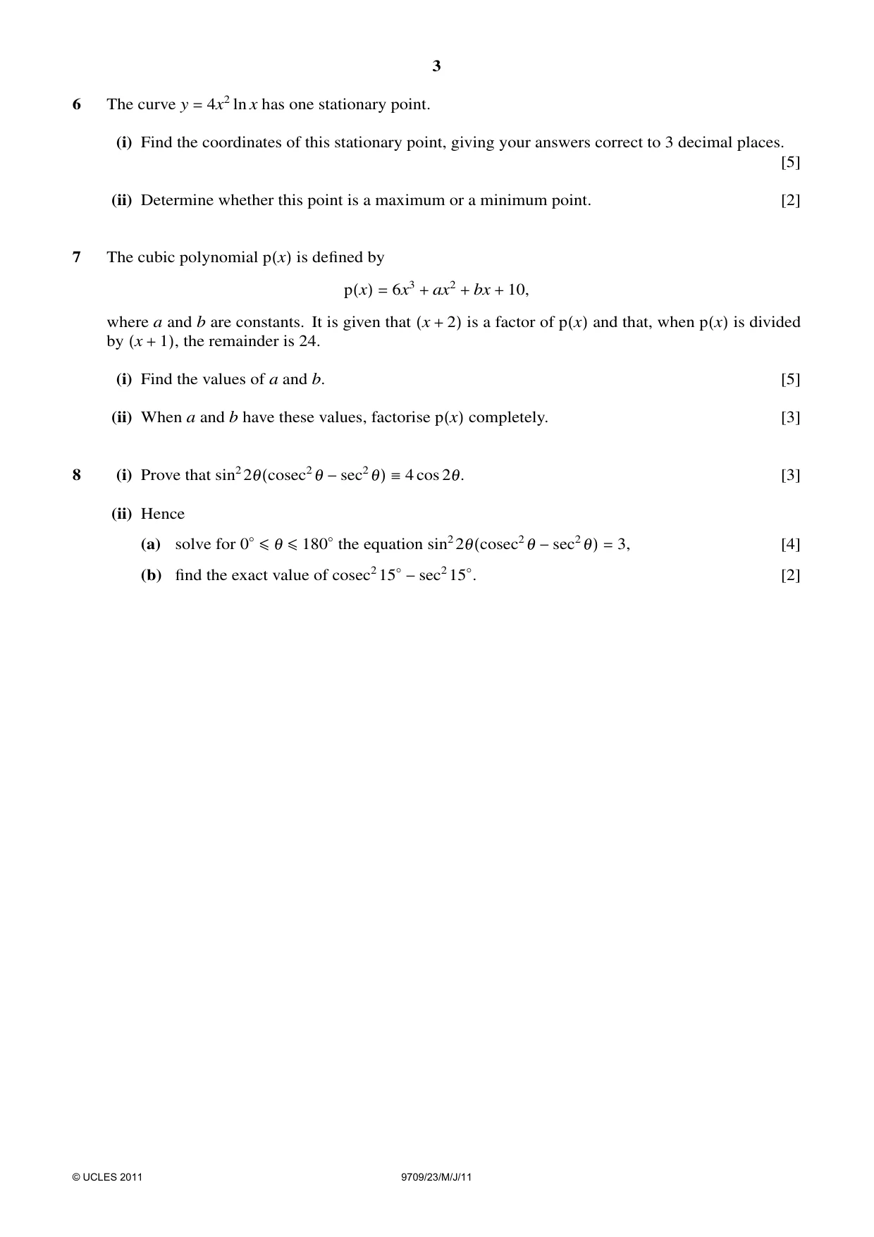 Cambridge A Level Mathematics 9709 2011 May/June Paper 2 · Variant 3 question paper, page 3 of 4