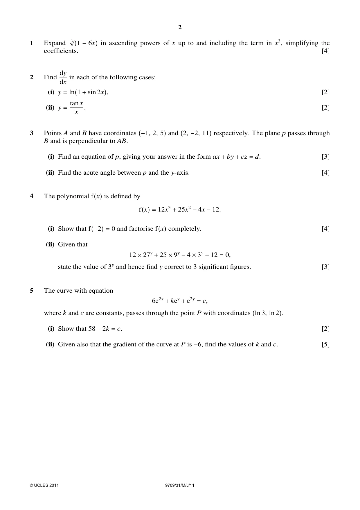 Cambridge A Level Mathematics 9709 2011 May/June Paper 3 · Variant 1 question paper, page 2 of 4