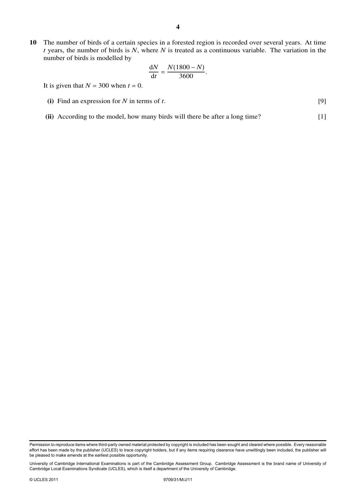 Cambridge A Level Mathematics 9709 2011 May/June Paper 3 · Variant 1 question paper, page 4 of 4