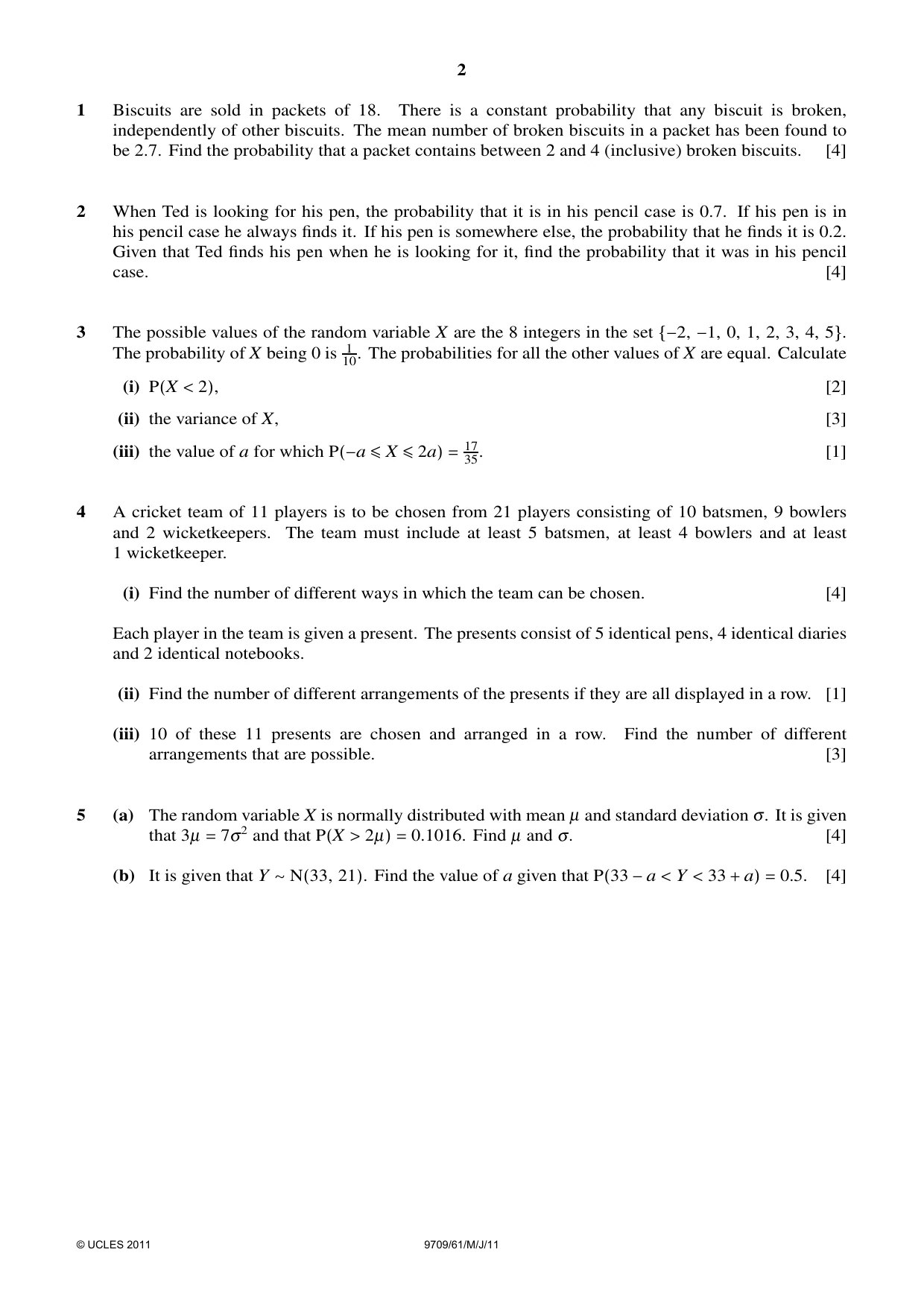 Cambridge A Level Mathematics 9709 2011 May/June Paper 6 · Variant 1 question paper, page 2 of 4