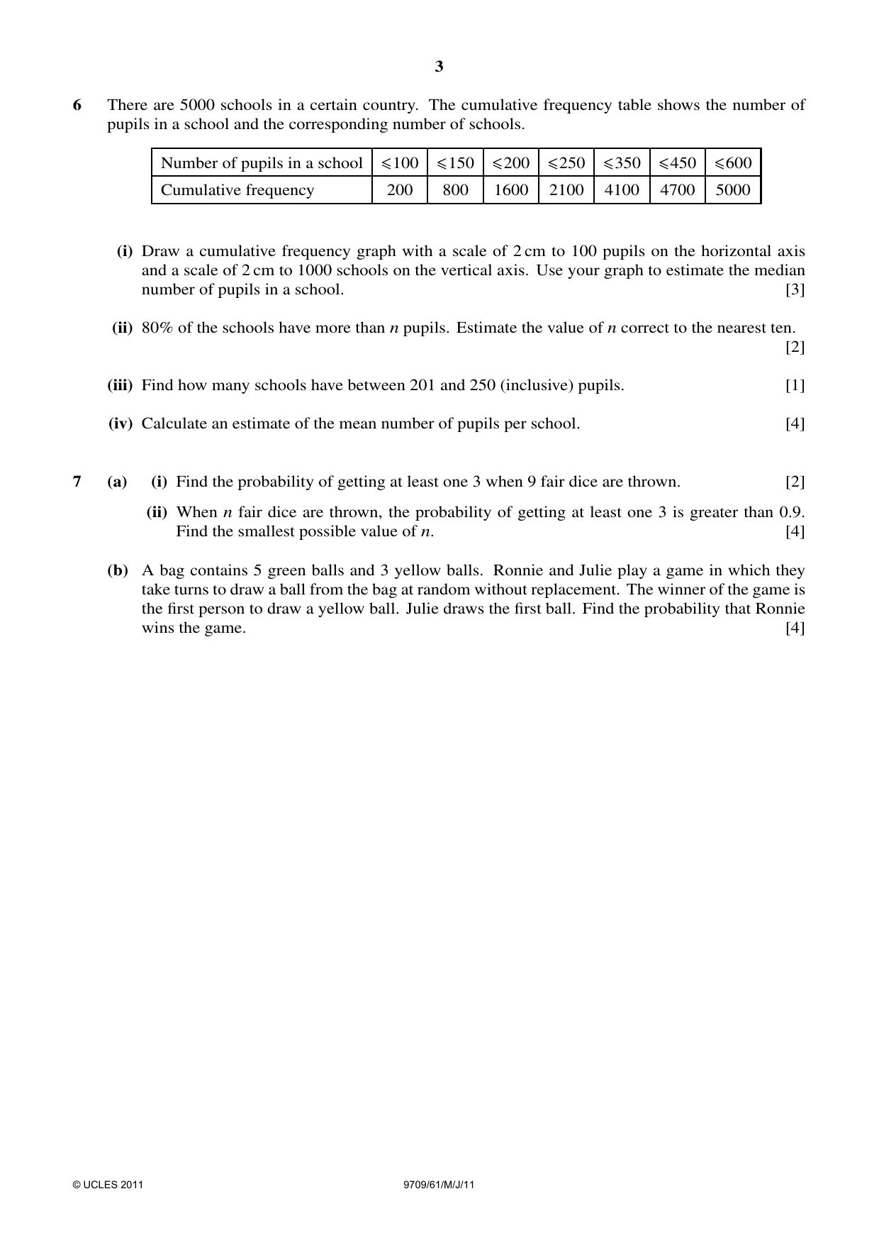 Cambridge A Level Mathematics 9709 2011 May/June Paper 6 · Variant 1 question paper, page 3 of 4
