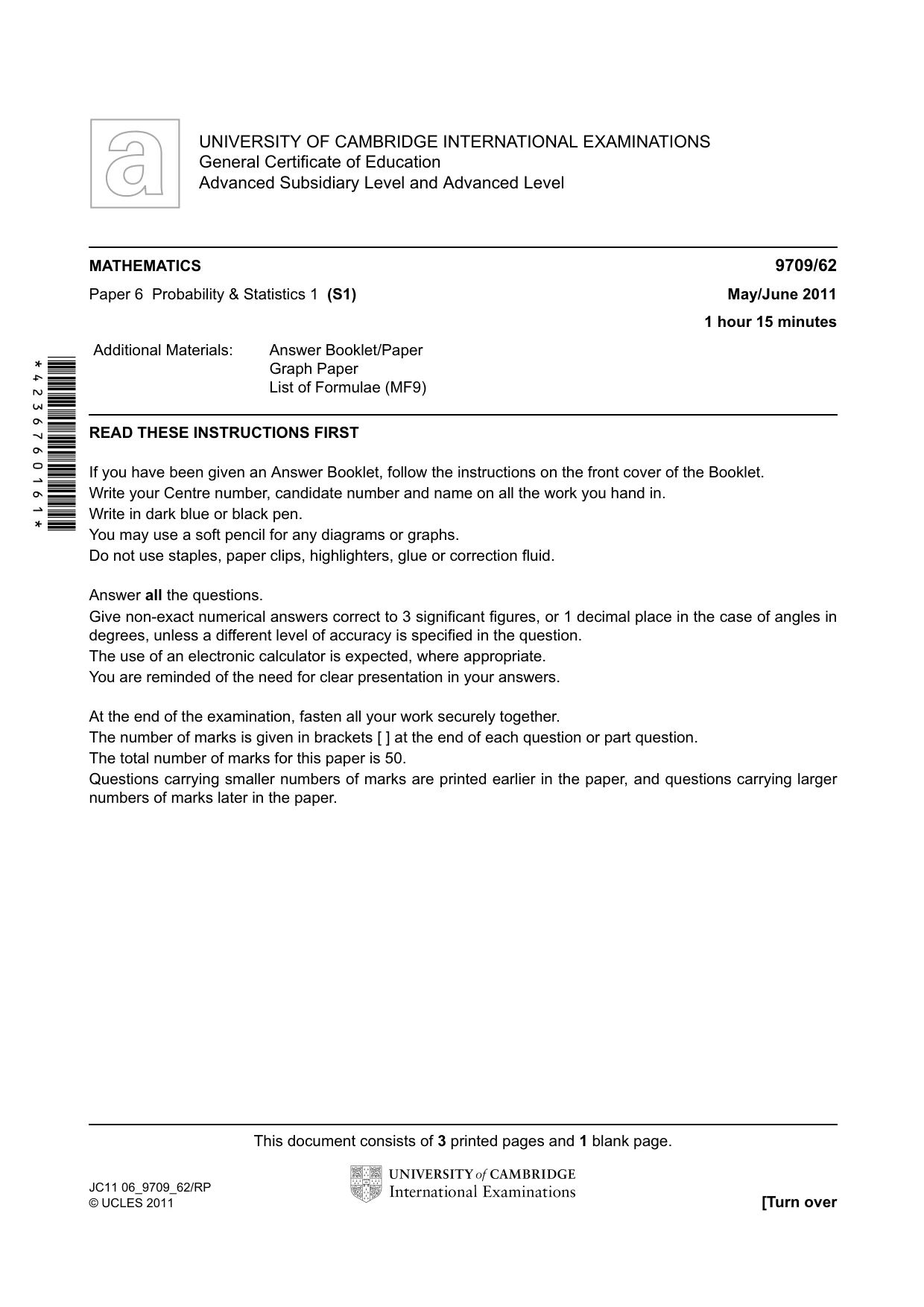 Cambridge A Level Mathematics 9709 2011 May/June Paper 6 · Variant 2 question paper, page 1 of 4