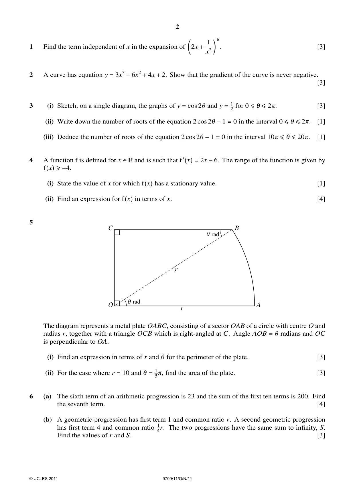 Cambridge A Level Mathematics 9709 2011 Oct/Nov Paper 1 · Variant 1 question paper, page 2 of 4