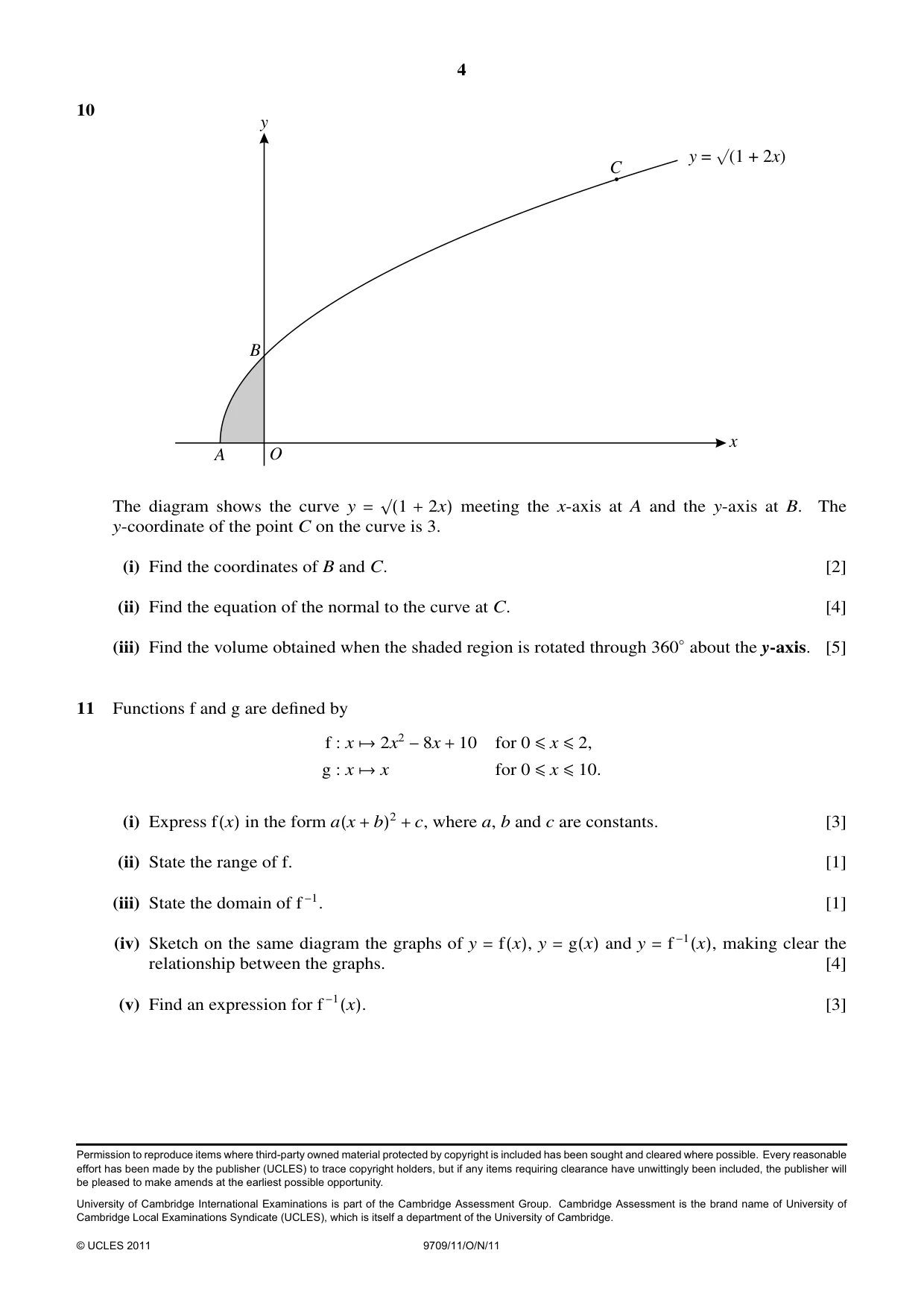 Cambridge A Level Mathematics 9709 2011 Oct/Nov Paper 1 · Variant 1 question paper, page 4 of 4