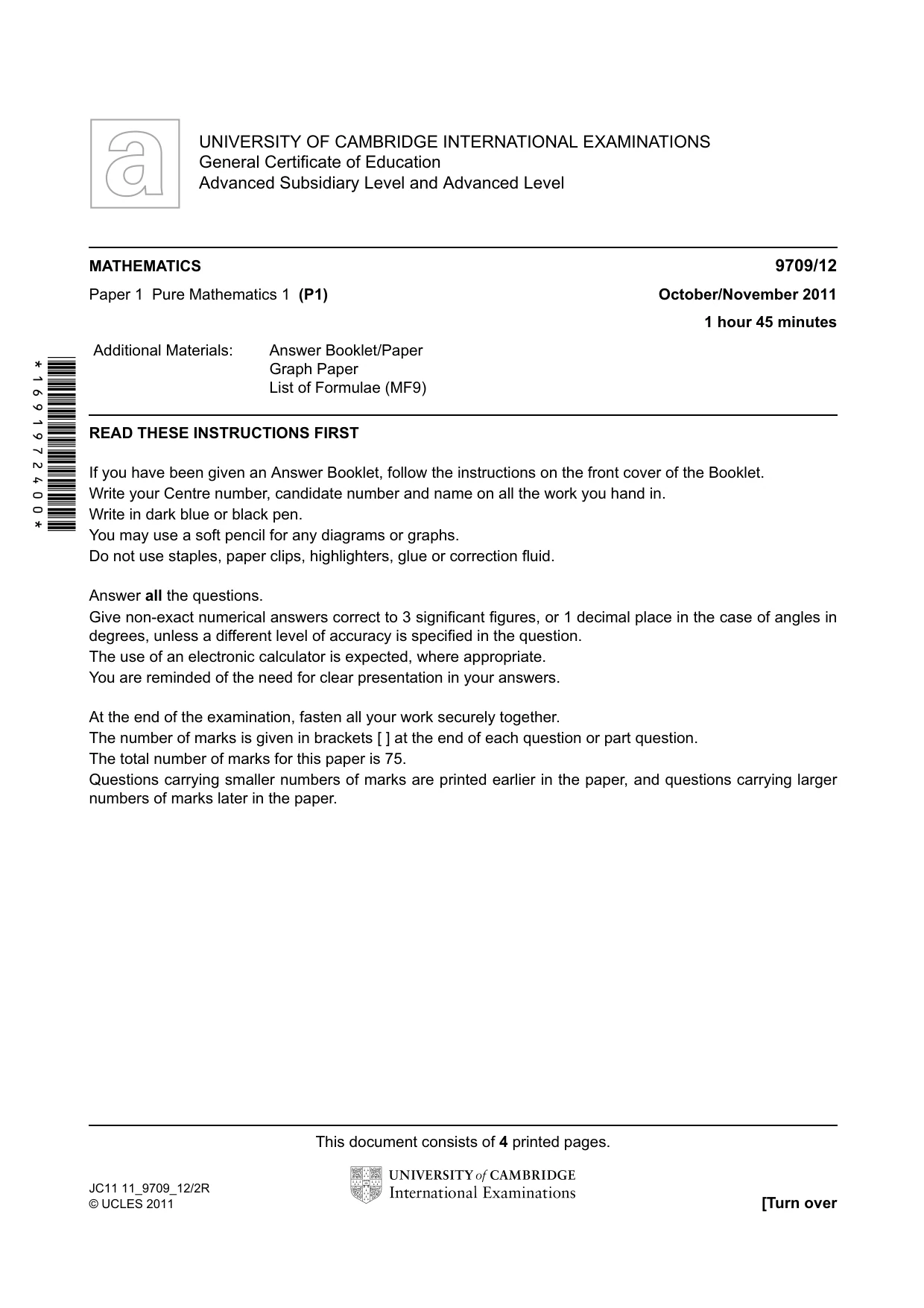 Cambridge A Level Mathematics 9709 2011 Oct/Nov Paper 1 · Variant 2 question paper, page 1 of 4