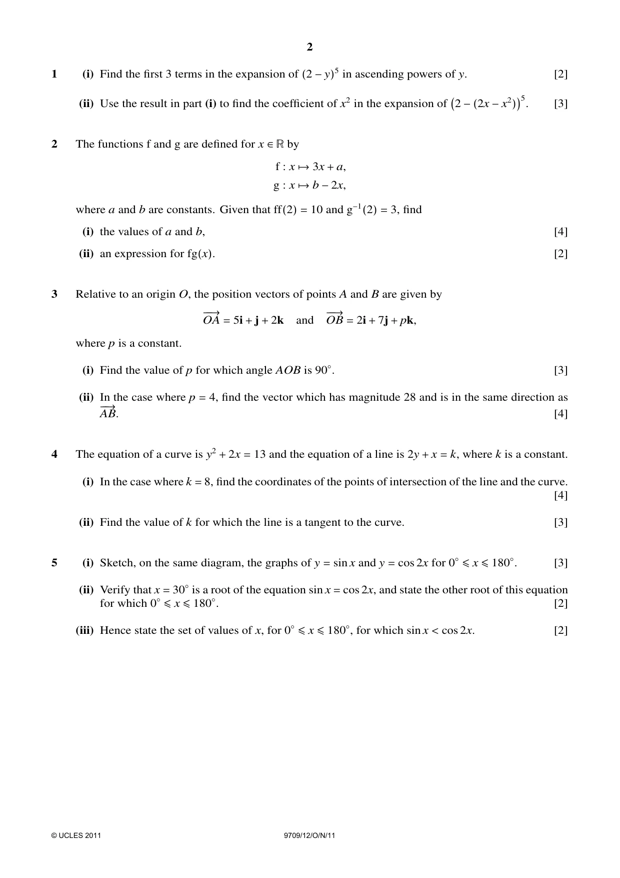 Cambridge A Level Mathematics 9709 2011 Oct/Nov Paper 1 · Variant 2 question paper, page 2 of 4