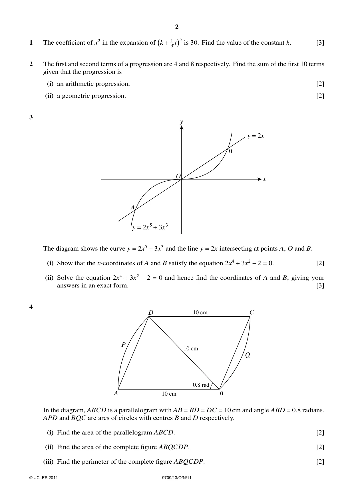 Cambridge A Level Mathematics 9709 2011 Oct/Nov Paper 1 · Variant 3 question paper, page 2 of 4