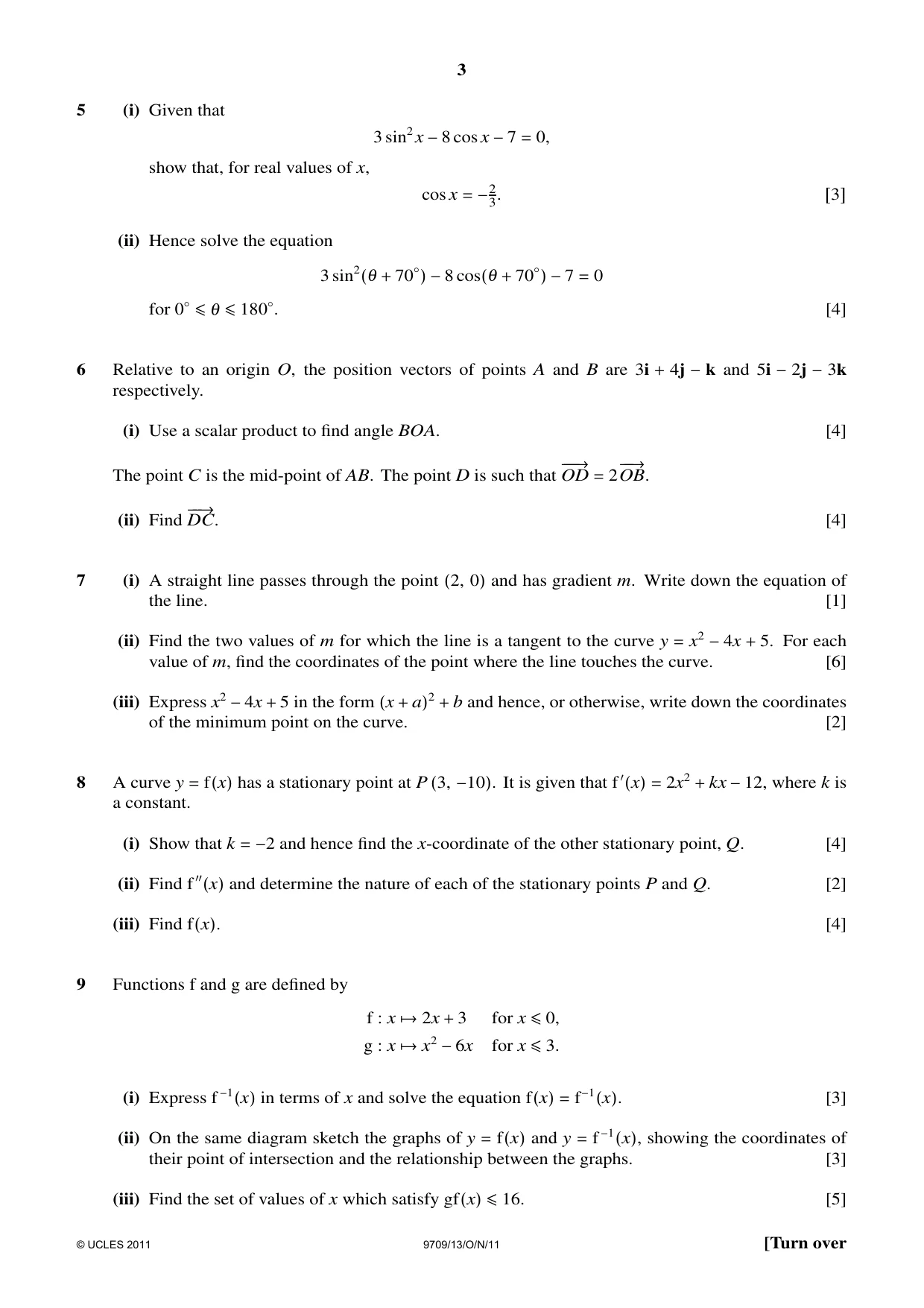 Cambridge A Level Mathematics 9709 2011 Oct/Nov Paper 1 · Variant 3 question paper, page 3 of 4