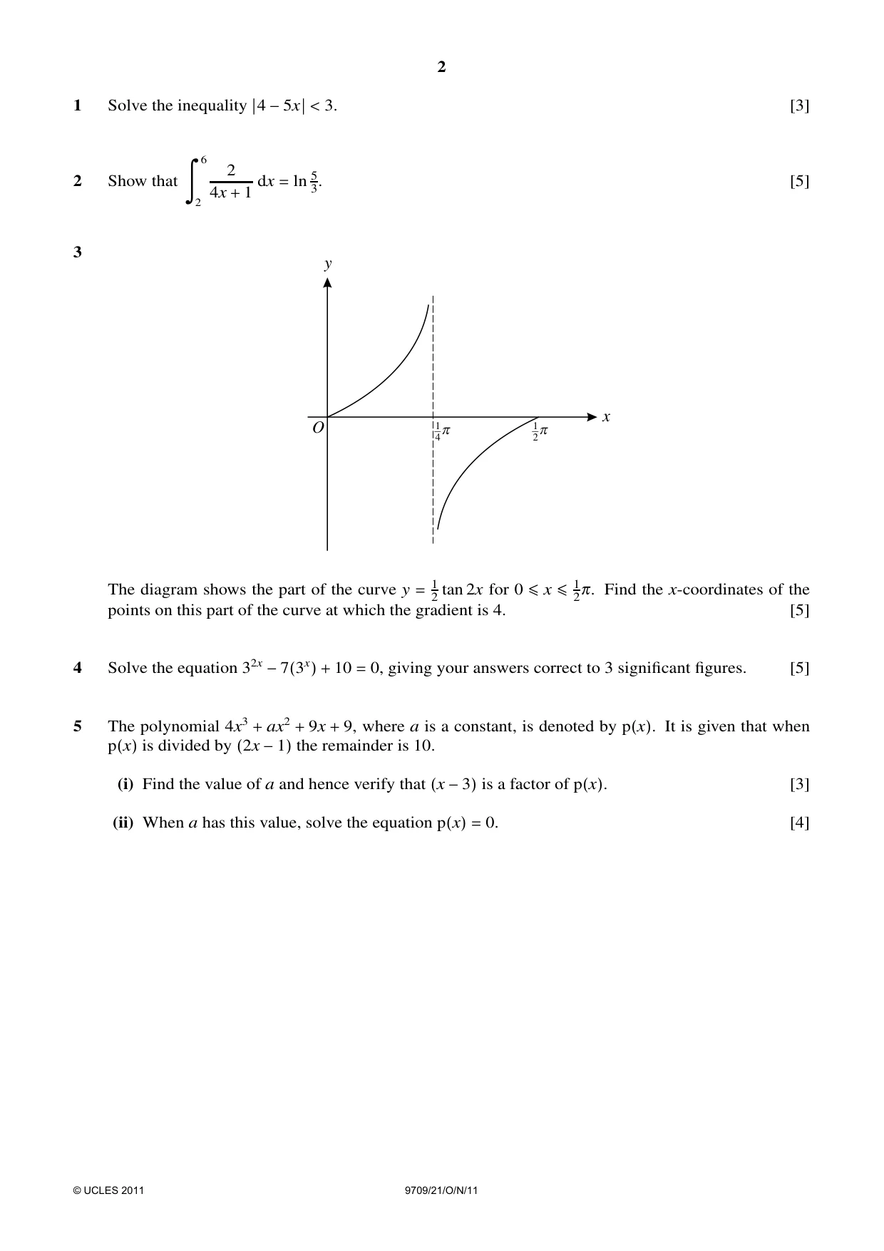 Cambridge A Level Mathematics 9709 2011 Oct/Nov Paper 2 · Variant 1 question paper, page 2 of 4