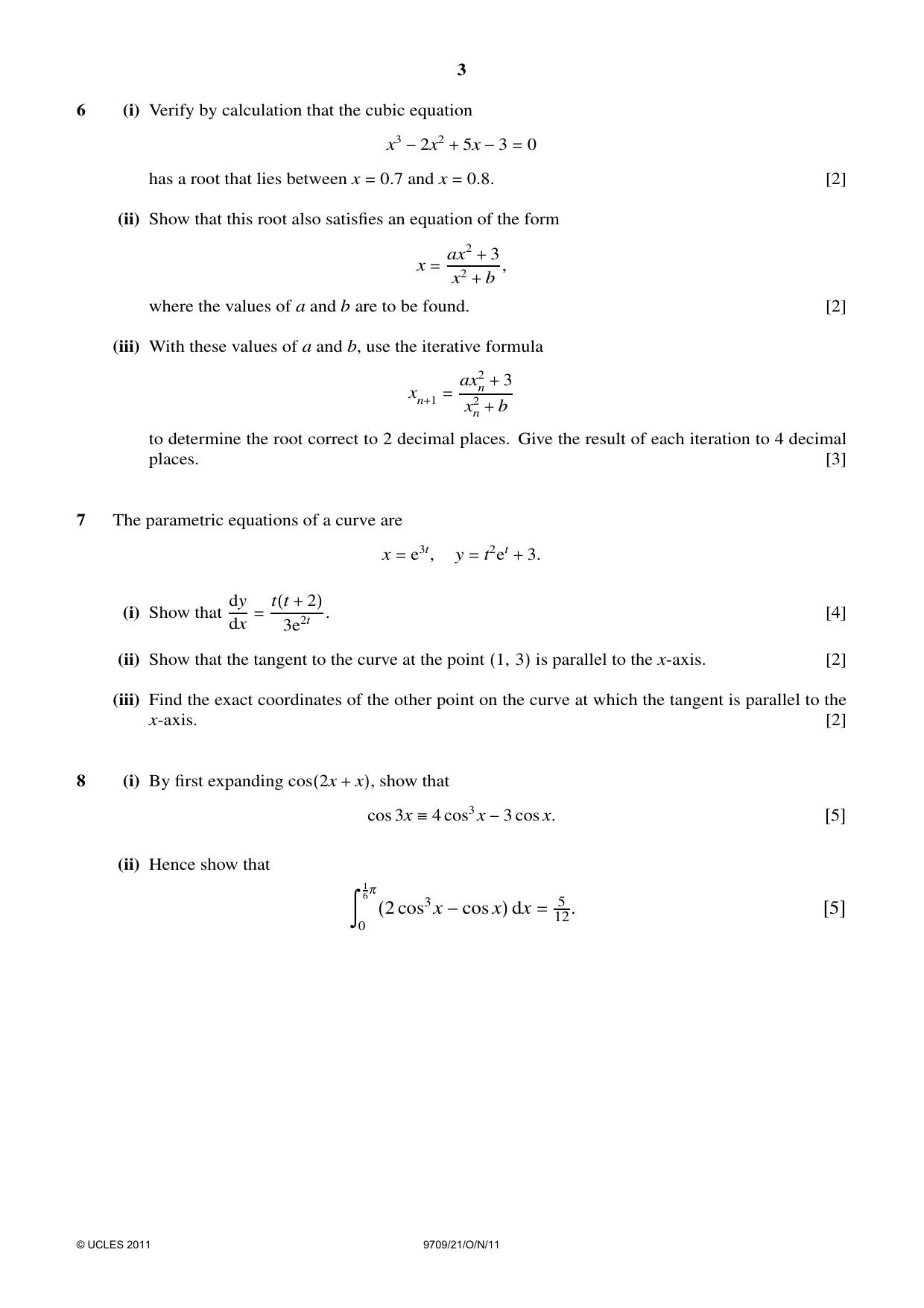 Cambridge A Level Mathematics 9709 2011 Oct/Nov Paper 2 · Variant 1 question paper, page 3 of 4