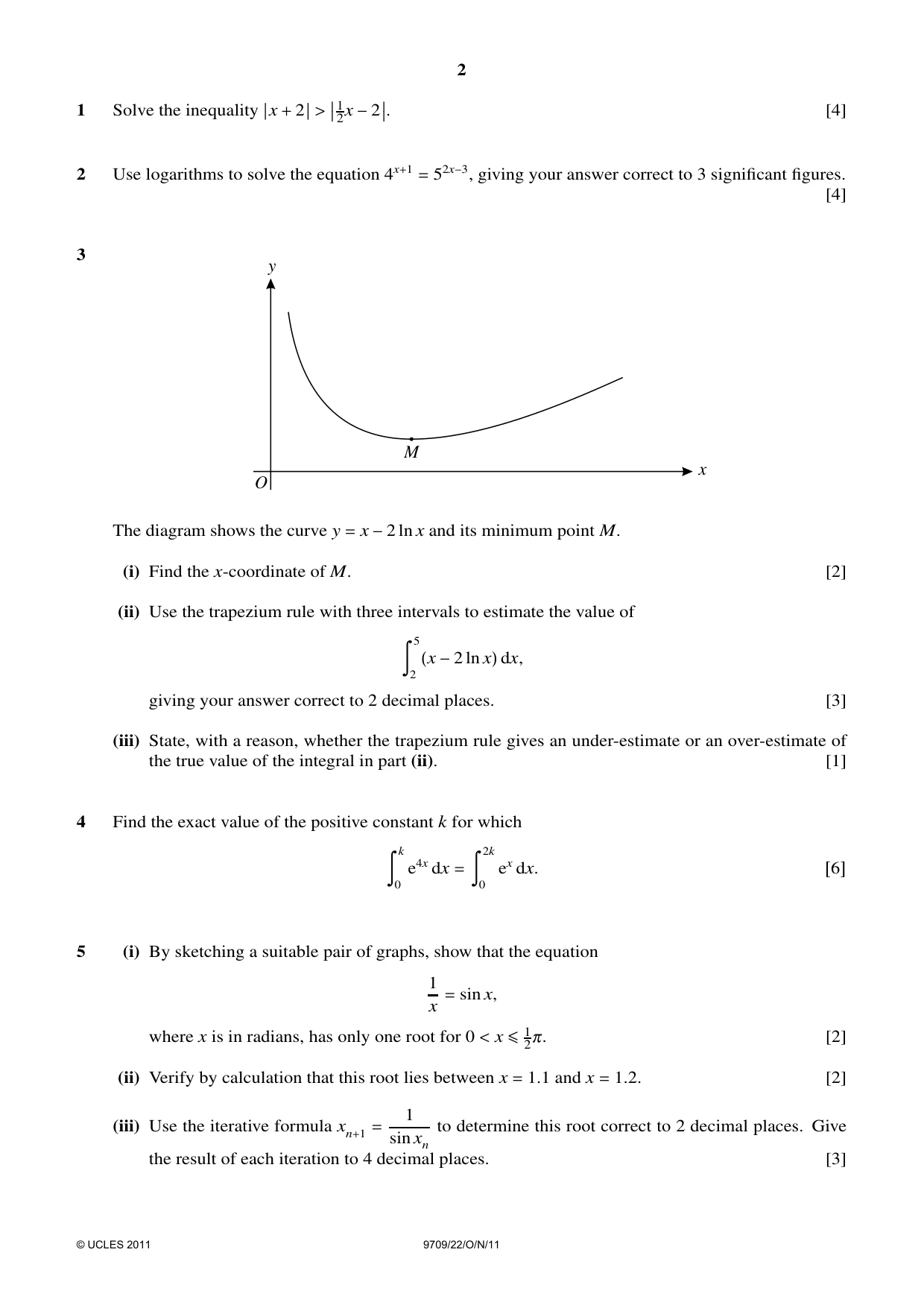 Cambridge A Level Mathematics 9709 2011 Oct/Nov Paper 2 · Variant 2 question paper, page 2 of 4