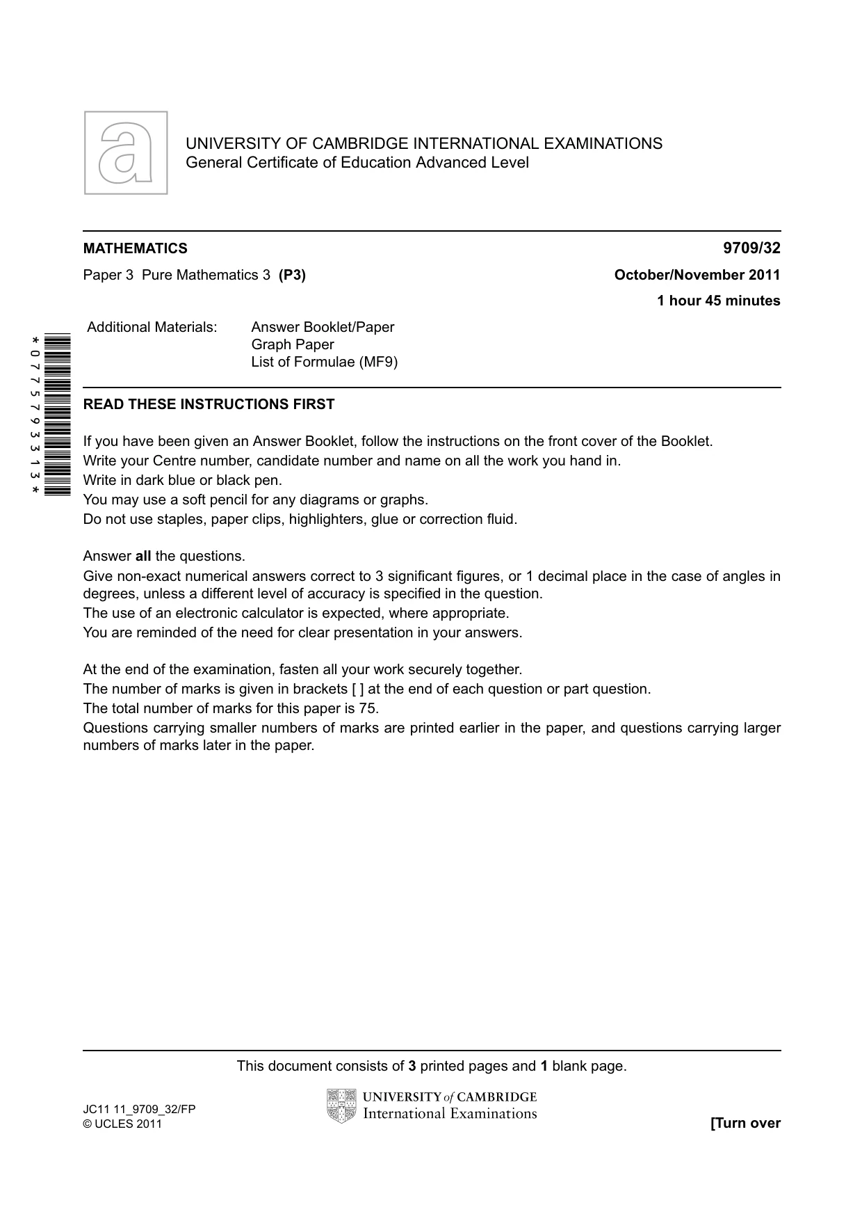 Cambridge A Level Mathematics 9709 2011 Oct/Nov Paper 3 · Variant 2 question paper, page 1 of 4