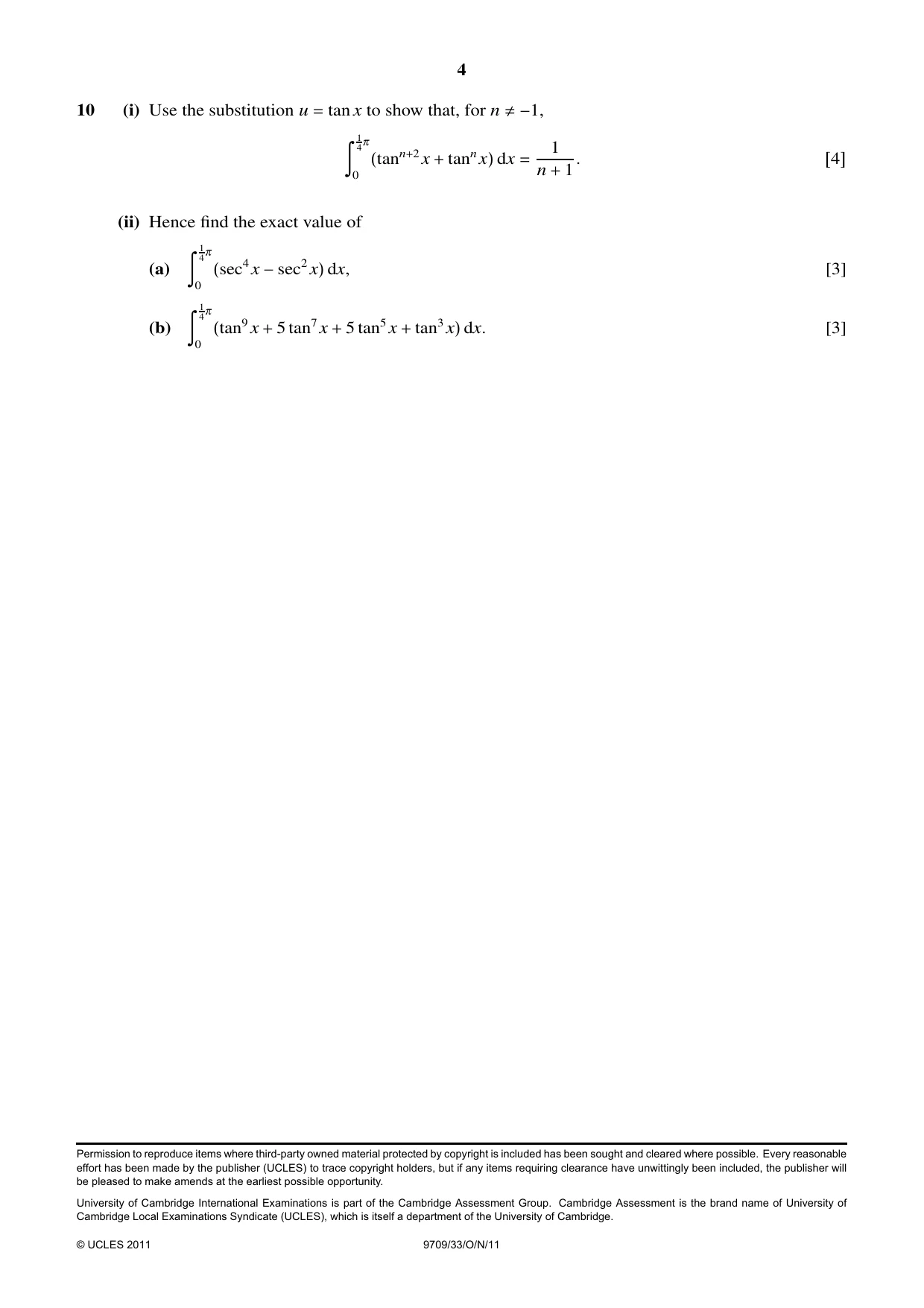 Cambridge A Level Mathematics 9709 2011 Oct/Nov Paper 3 · Variant 3 question paper, page 4 of 4