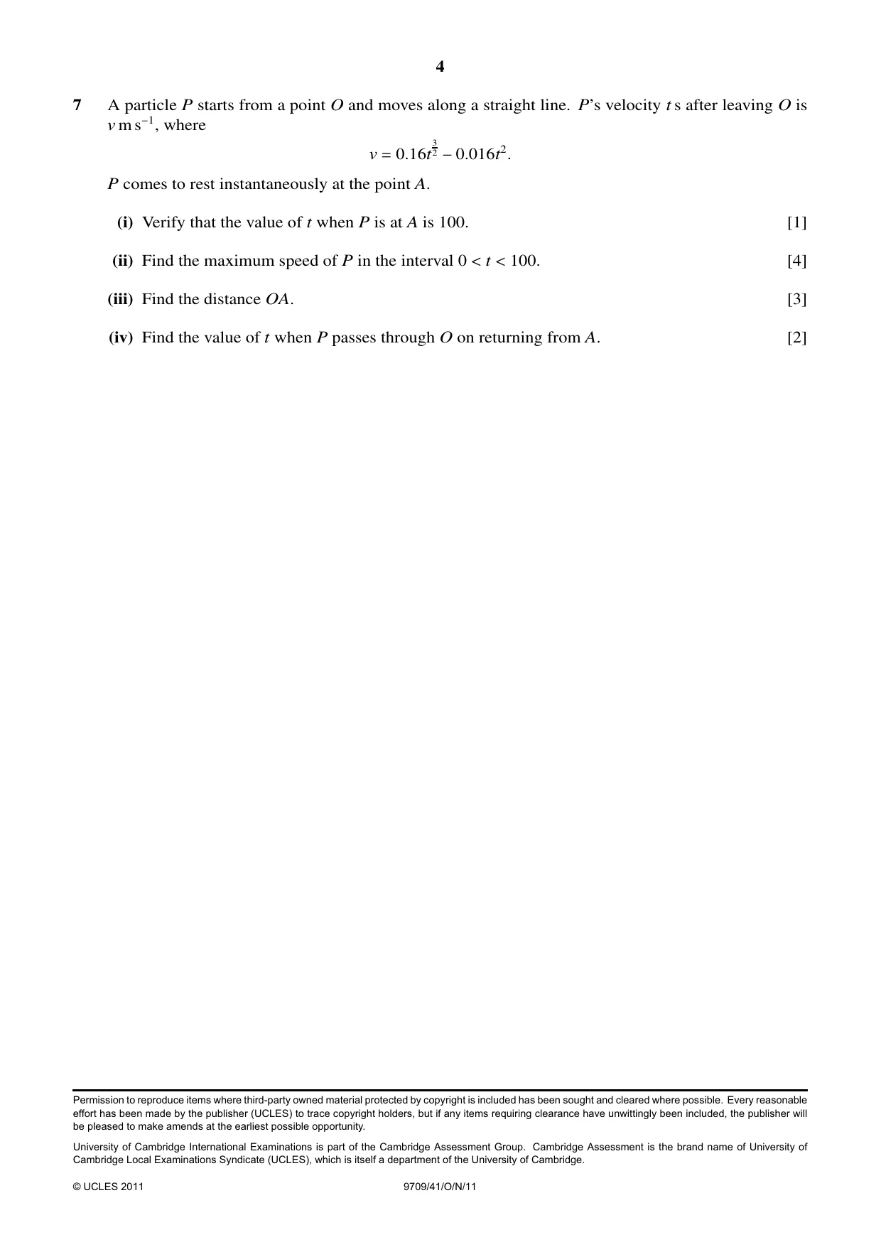 Cambridge A Level Mathematics 9709 2011 Oct/Nov Paper 4 · Variant 1 question paper, page 4 of 4