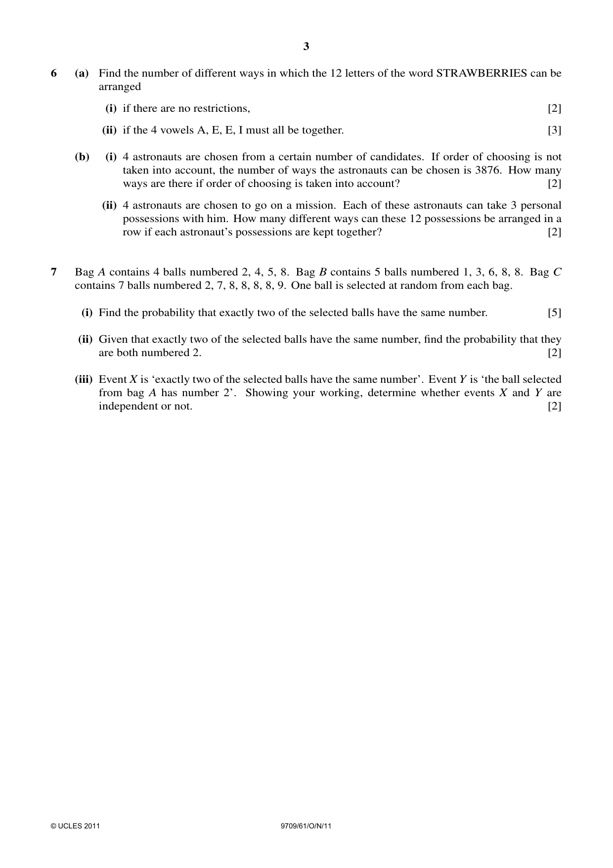 Cambridge A Level Mathematics 9709 2011 Oct/Nov Paper 6 · Variant 1 question paper, page 3 of 4