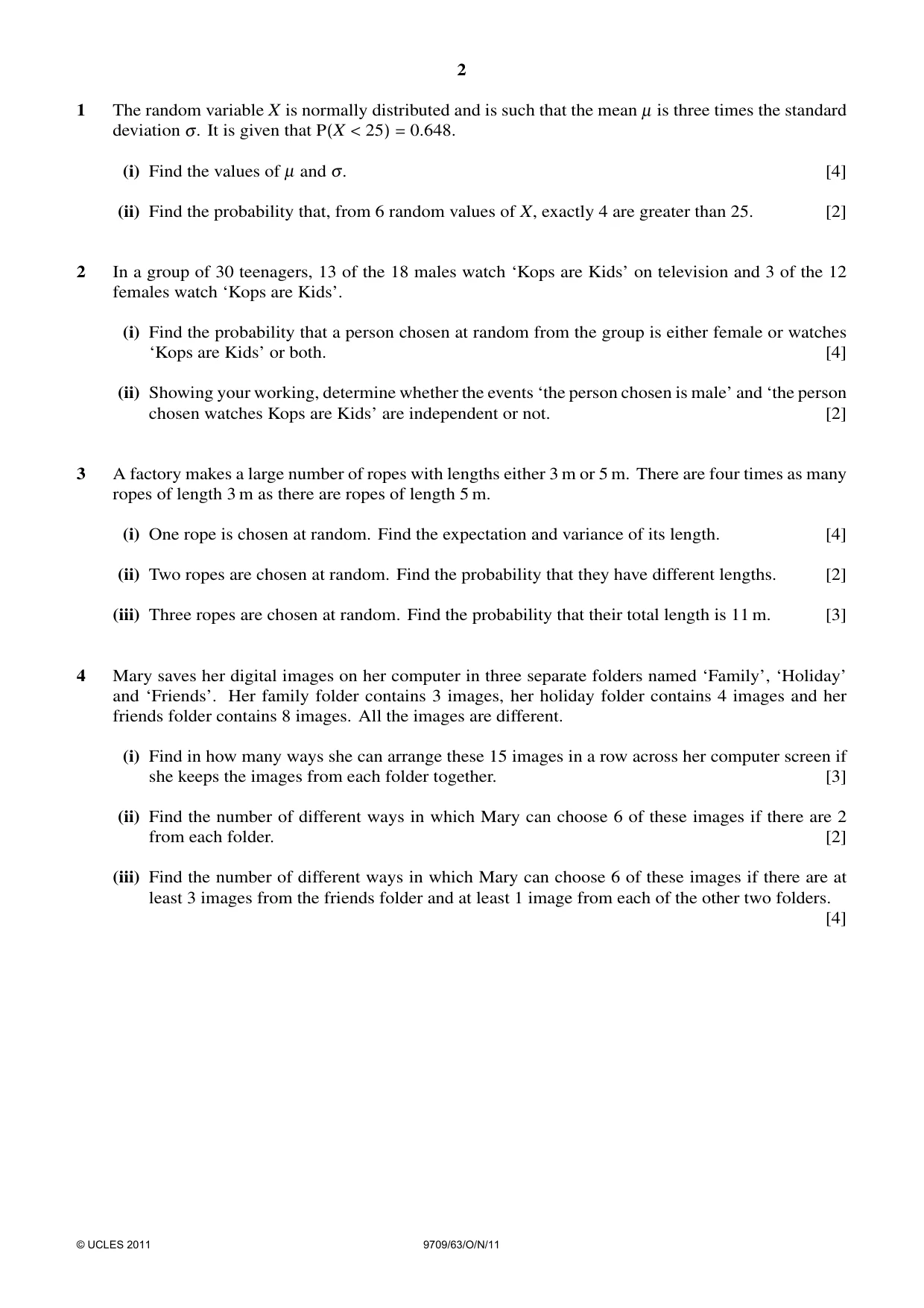 Cambridge A Level Mathematics 9709 2011 Oct/Nov Paper 6 · Variant 3 question paper, page 2 of 4