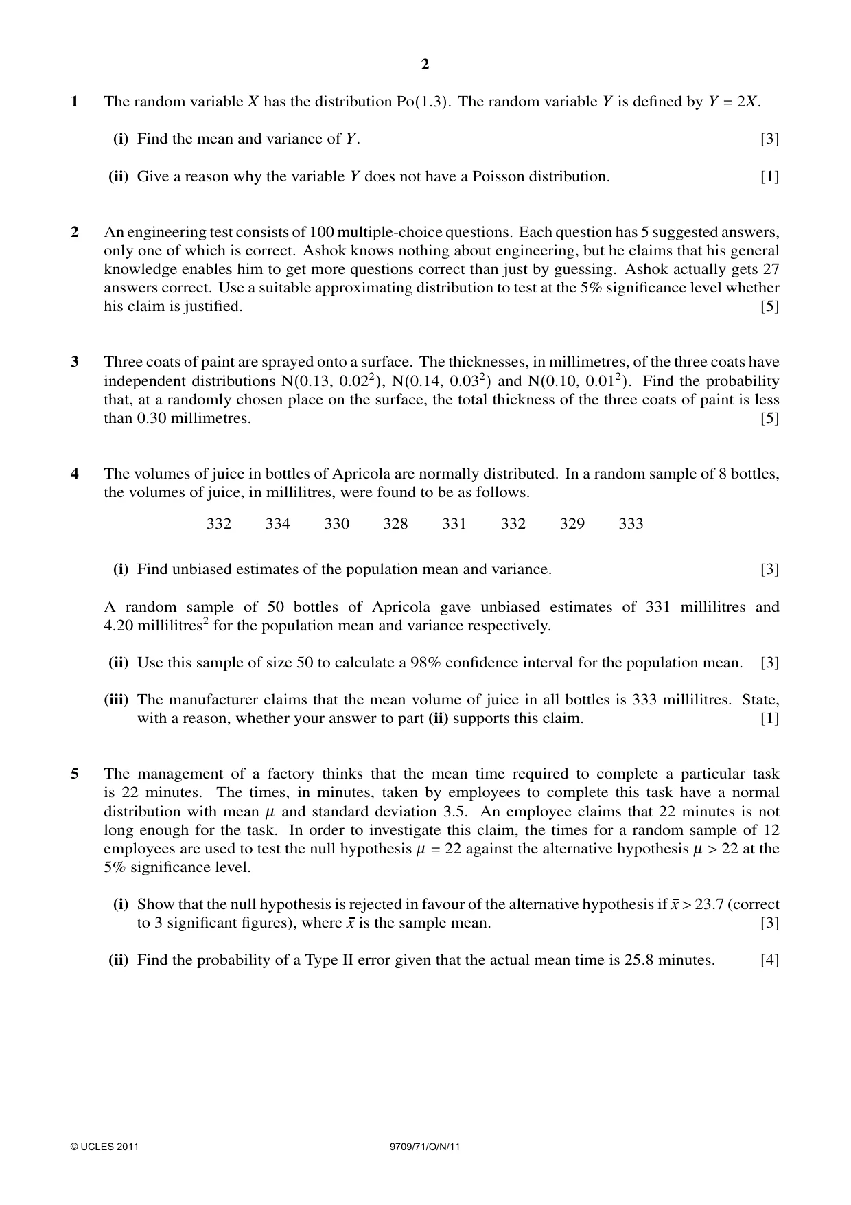 Cambridge A Level Mathematics 9709 2011 Oct/Nov Paper 7 · Variant 1 question paper, page 2 of 4