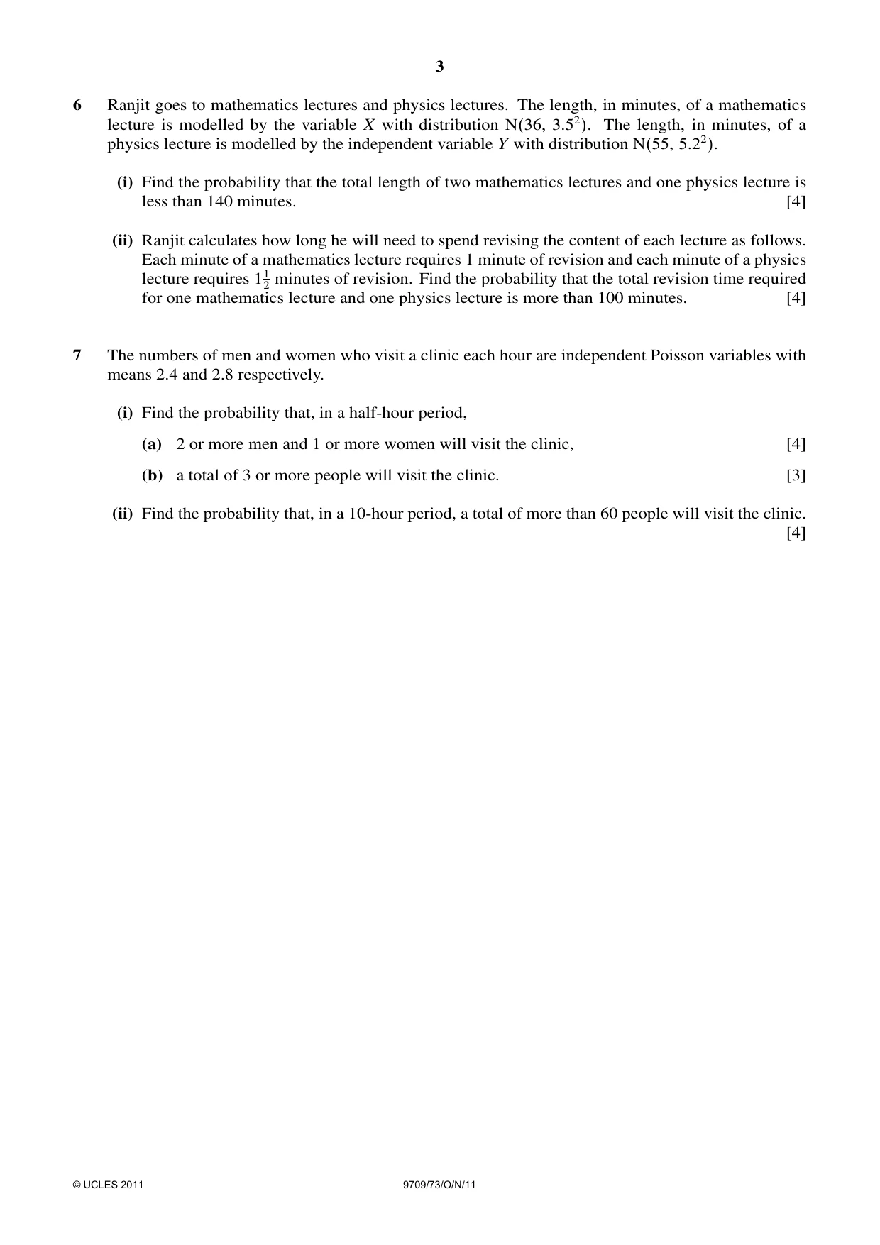 Cambridge A Level Mathematics 9709 2011 Oct/Nov Paper 7 · Variant 3 question paper, page 3 of 4