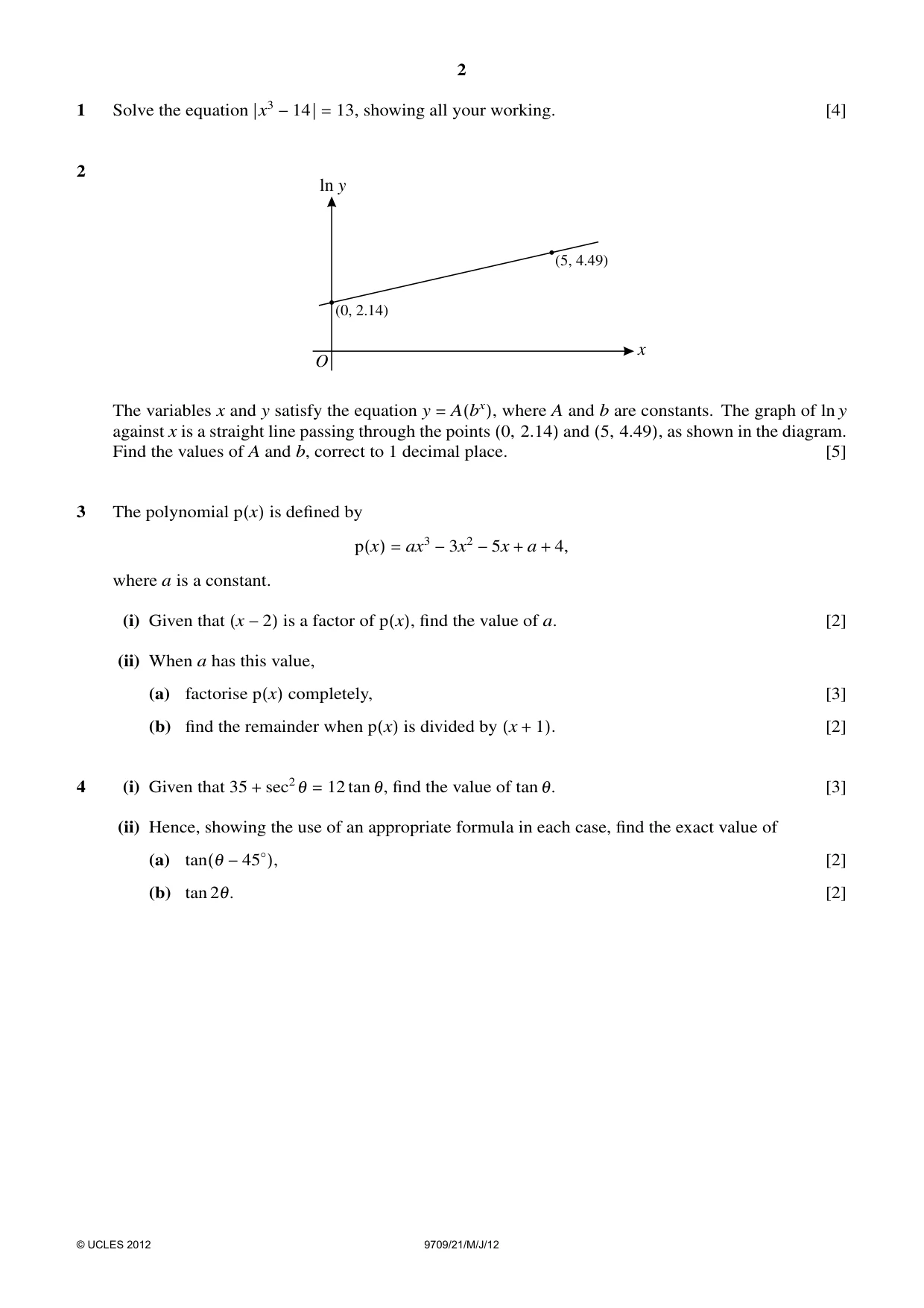Cambridge A Level Mathematics 9709 2012 May/June Paper 2 · Variant 1 question paper, page 2 of 4