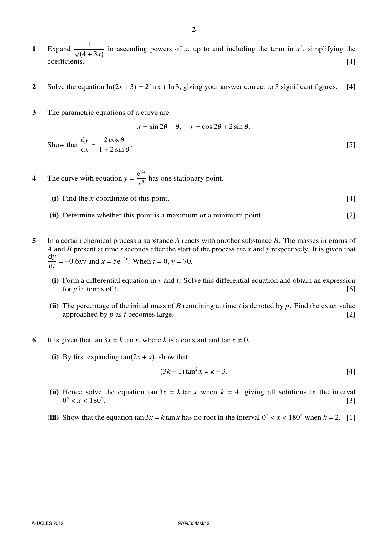 Cambridge A Level Mathematics 9709 2012 May/June Paper 3 · Variant 3 question paper, page 2 of 4