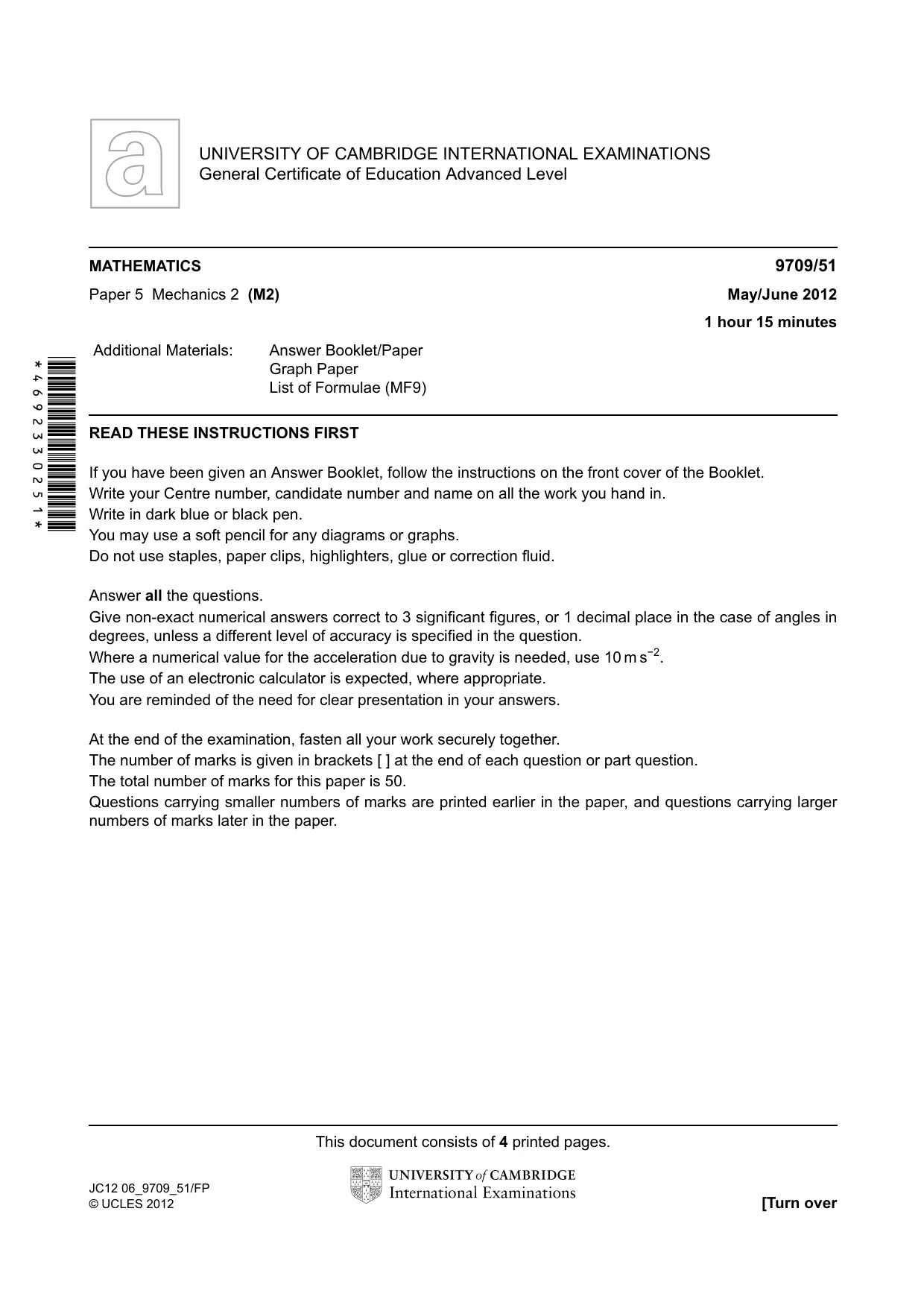 Cambridge A Level Mathematics 9709 2012 May/June Paper 5 · Variant 1 question paper, page 1 of 4