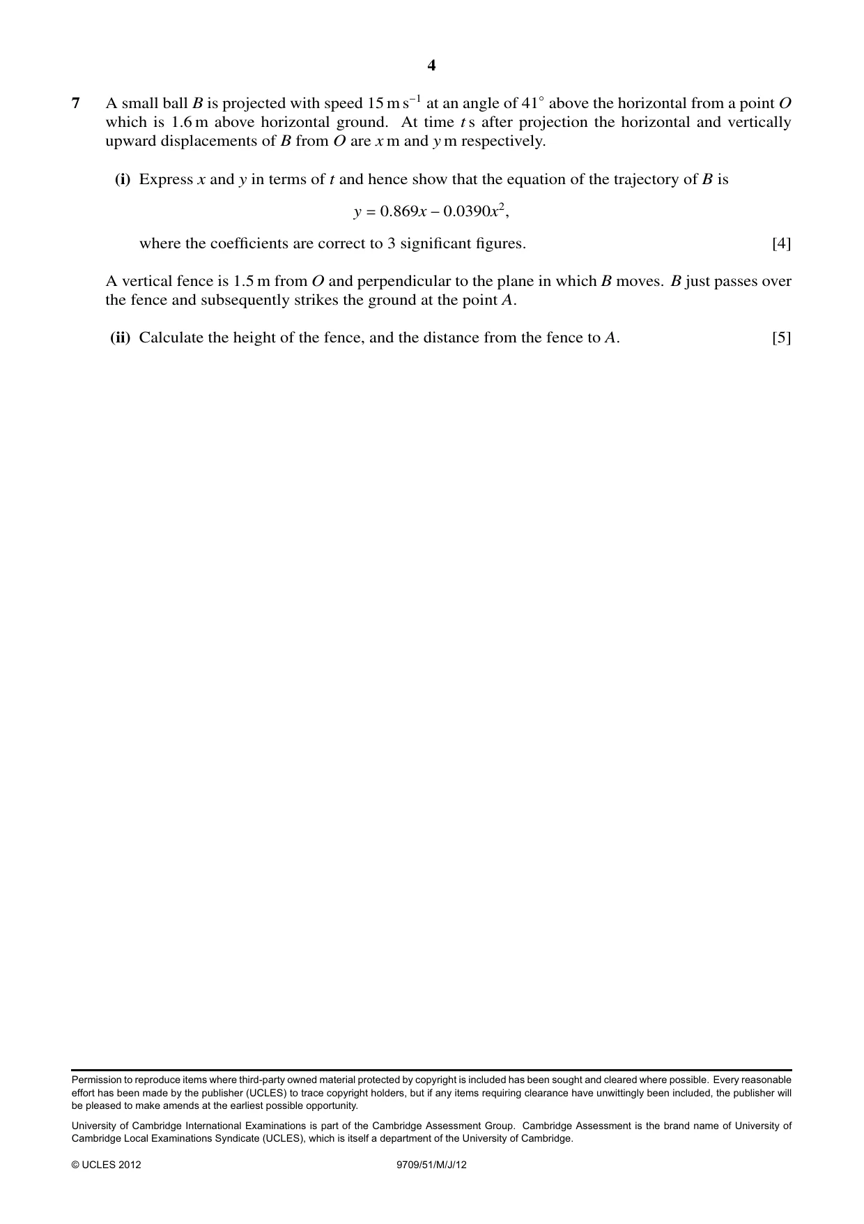 Cambridge A Level Mathematics 9709 2012 May/June Paper 5 · Variant 1 question paper, page 4 of 4