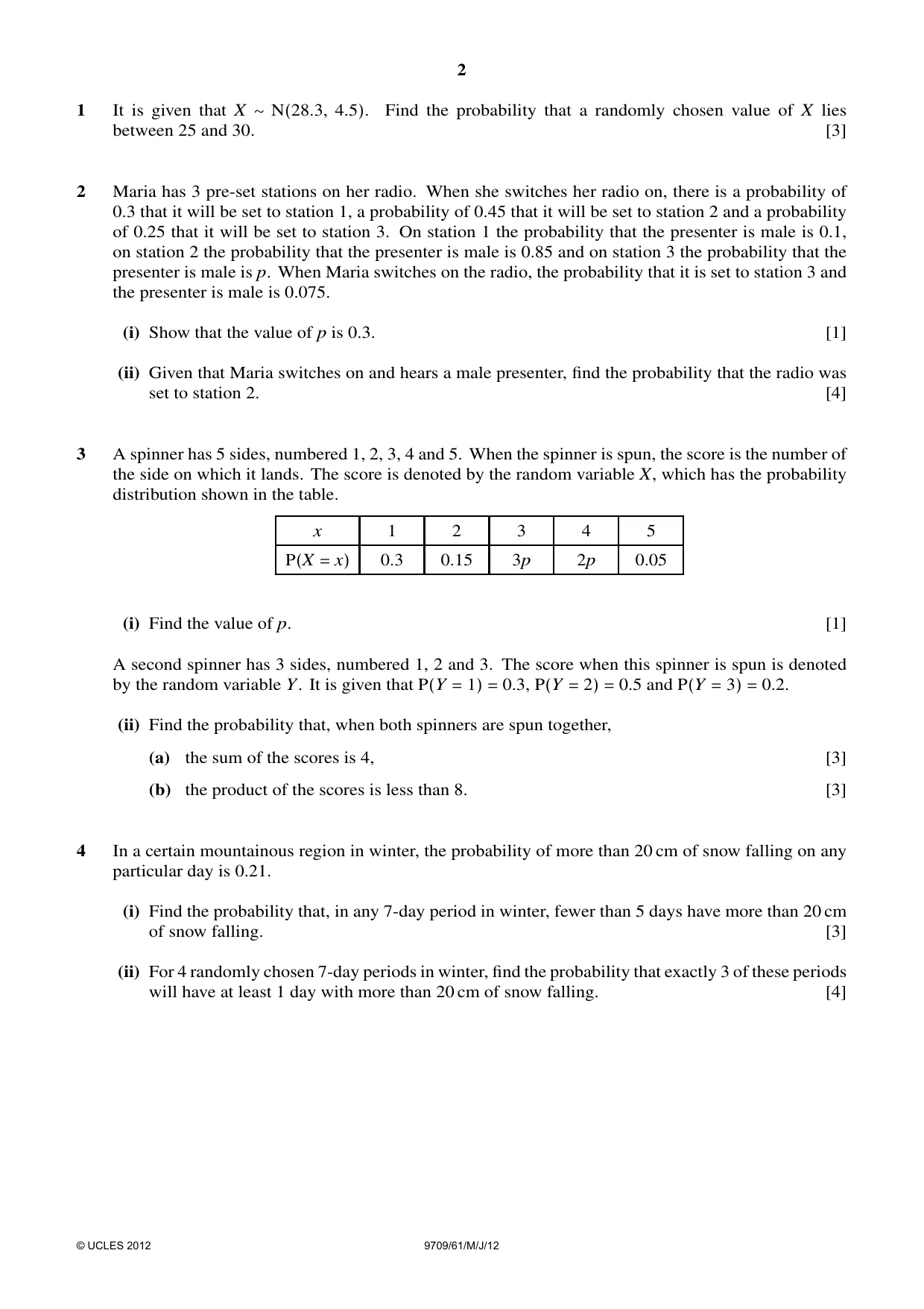 Cambridge A Level Mathematics 9709 2012 May/June Paper 6 · Variant 1 question paper, page 2 of 4