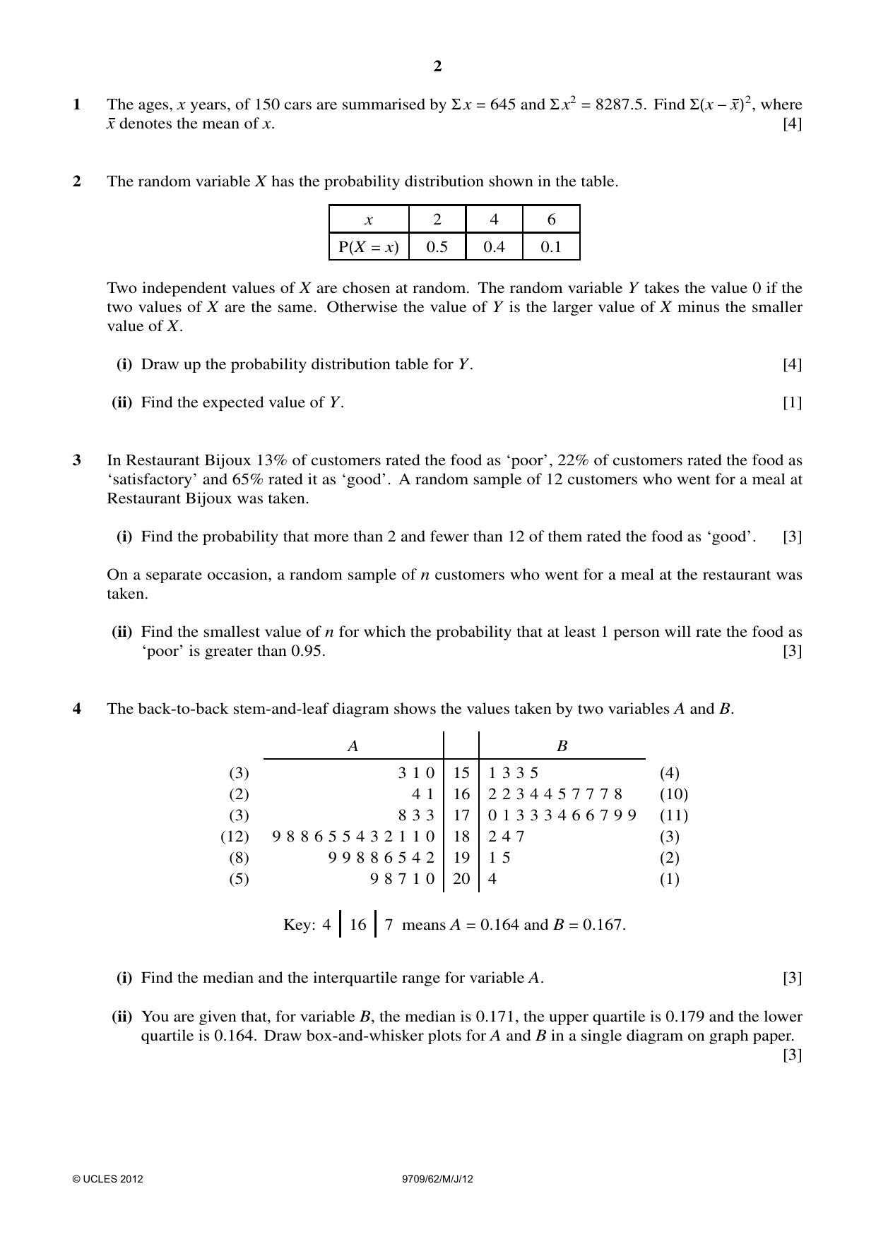 Cambridge A Level Mathematics 9709 2012 May/June Paper 6 · Variant 2 question paper, page 2 of 4