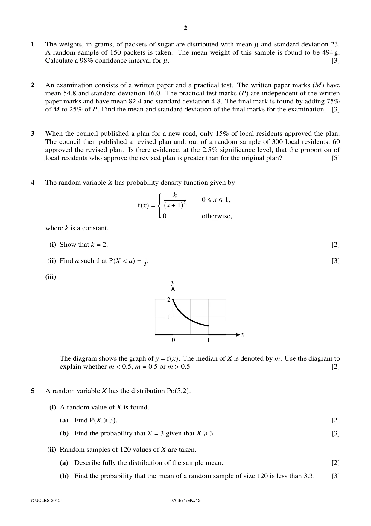 Cambridge A Level Mathematics 9709 2012 May/June Paper 7 · Variant 1 question paper, page 2 of 4