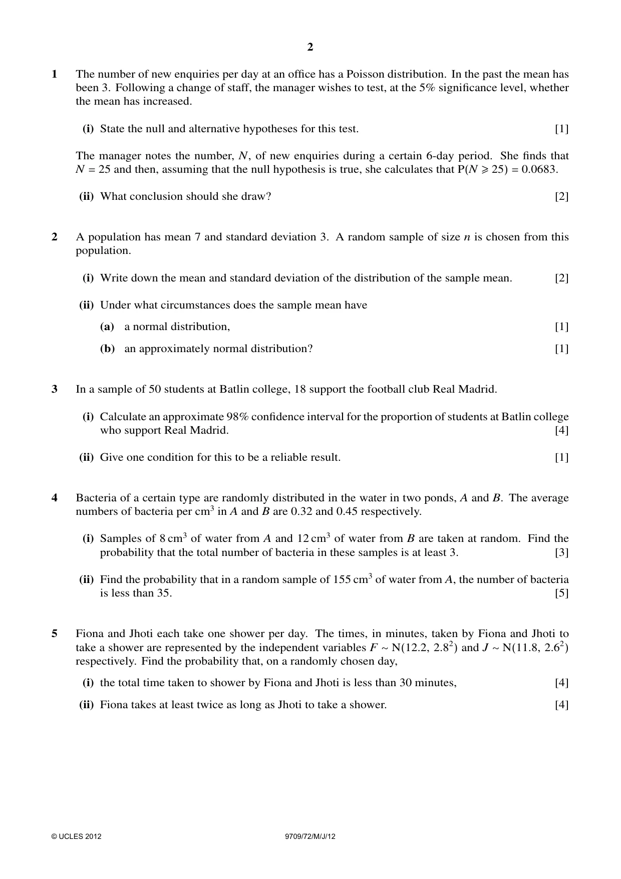 Cambridge A Level Mathematics 9709 2012 May/June Paper 7 · Variant 2 question paper, page 2 of 4